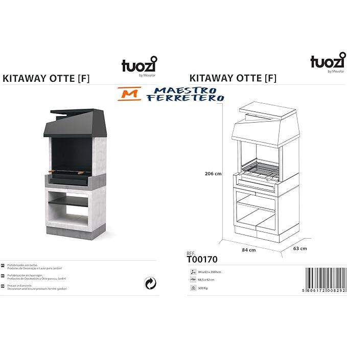 Tuozi - Einbaugrill für Holz und Holzkohle, Modell Kitaway Otte (grau/weiß - 84 x 63 x 206 cm) Art.-Nr.: T00170