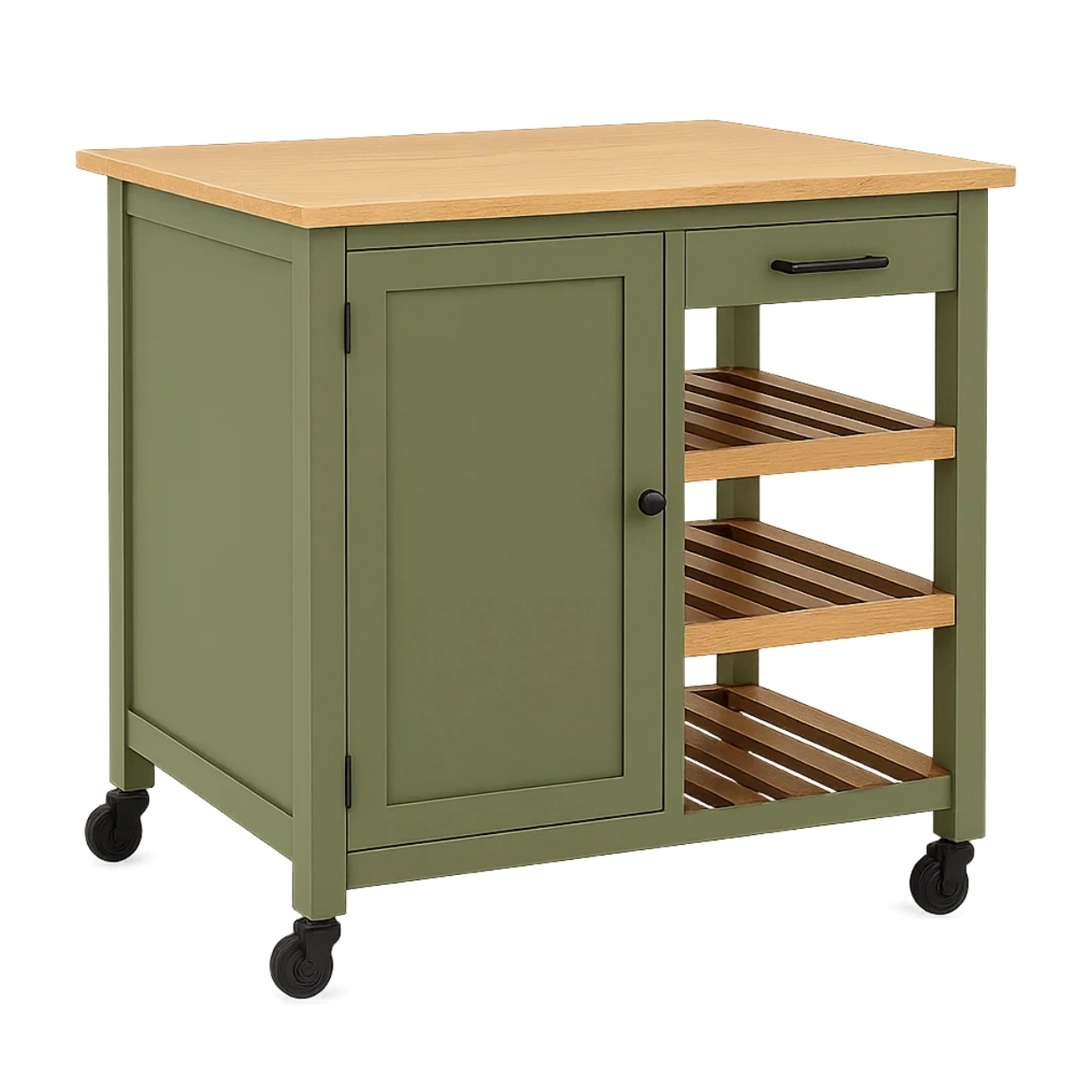 Îlot de cuisine rectangulaire en MDF vert, avec plan de travail en bois clair, sur roulettes, tiroir, étagères ouvertes et placard, 90 x 45 x 89 cm, usage domestique - X88KKKYXm8II