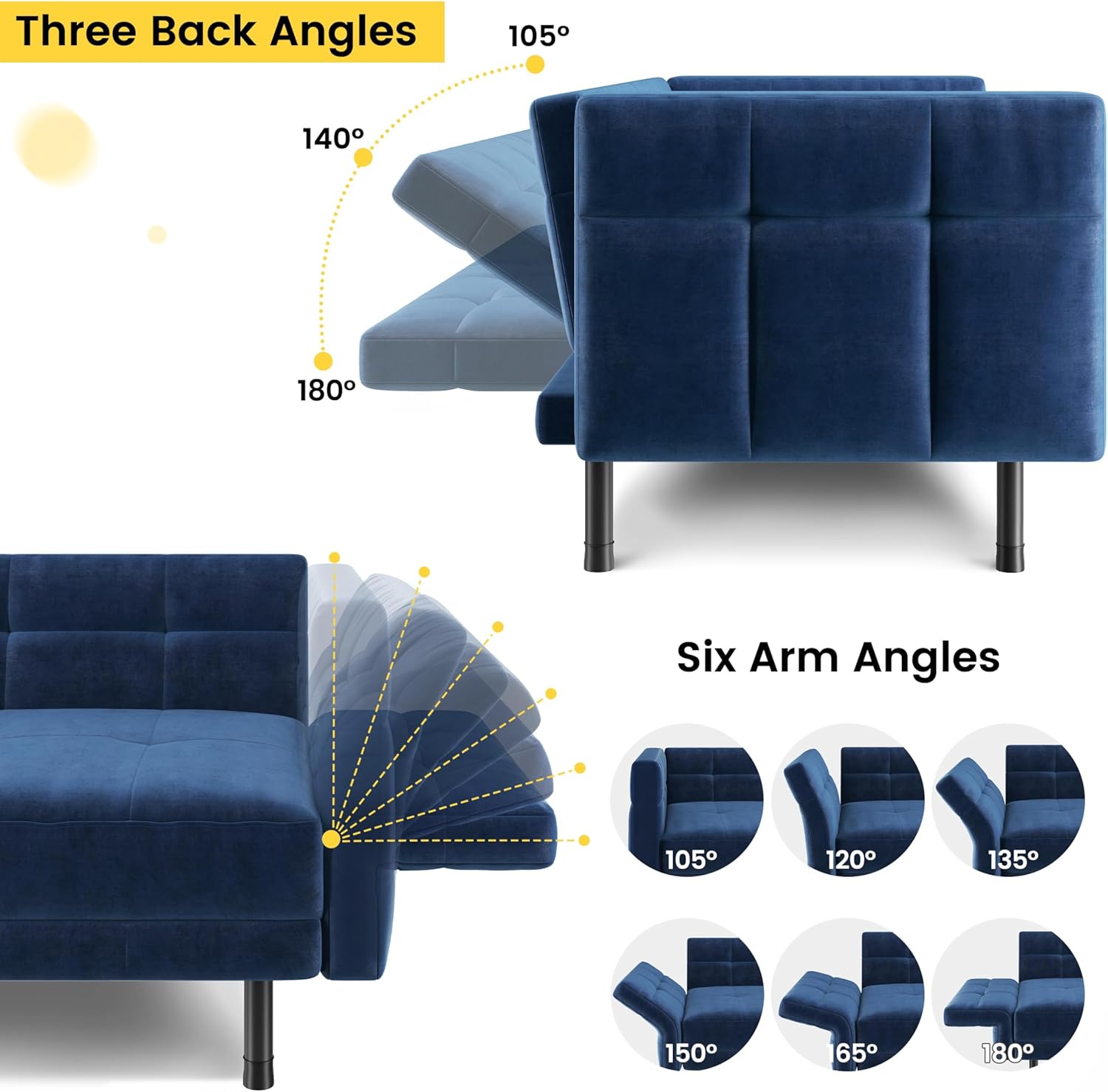 Yaheetech 2-personers fløjlssovesofa, konvertibel sofa 171x80x72cm med 4 puder, sofa med justerbare armlæn og ryglæn til stue, soveværelse og arbejdsværelse, grå
