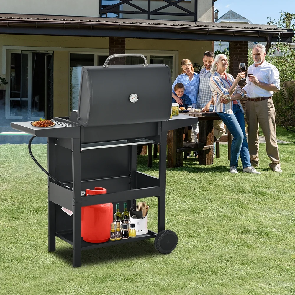 2025 SEGMART gasgrill i rustfrit stål med 4 brændere – 34.200 BTU. Have-/terrassegrill med to foldbare hylder og termometer. Ideel til camping og udendørs madlavning.