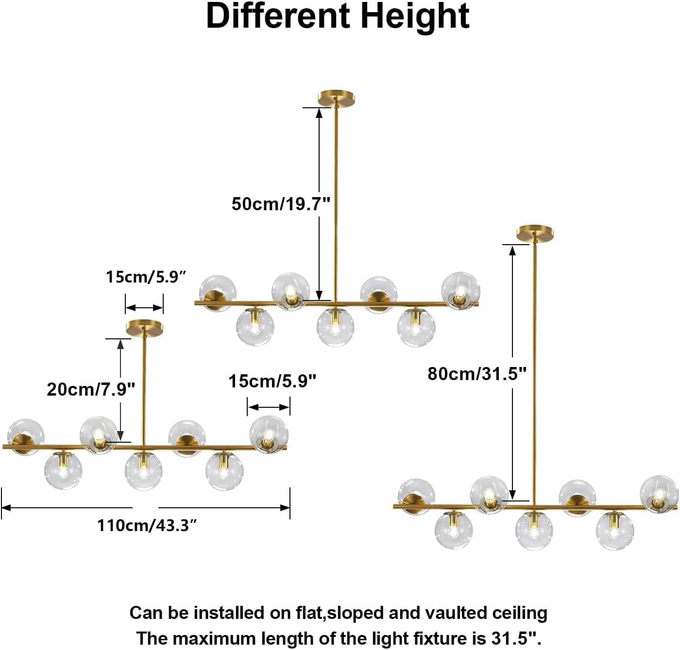 Moderne Esszimmerleuchte von KCO Lighting aus goldfarbenem Metall, Kücheninsel-Pendelleuchte aus weißem Glas, 7-flammig, E27, 80 cm höhenverstellbar