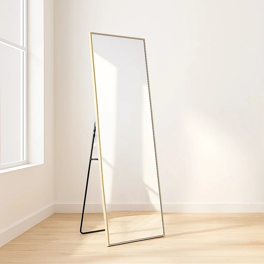 Miroir sur pied, doré, en métal et verre, idéal pour le salon, 80 x 2 x 180 cm