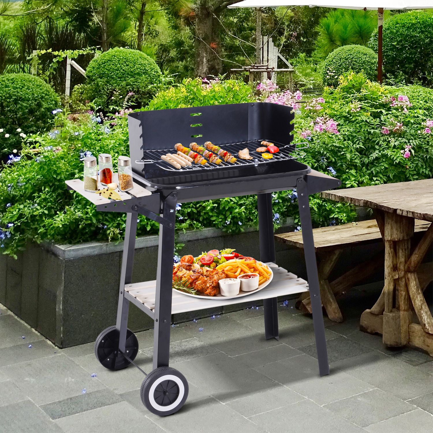 Outsunny Holzkohlegrill mit Rädern und Ablage 83x37x87cm Schwarz