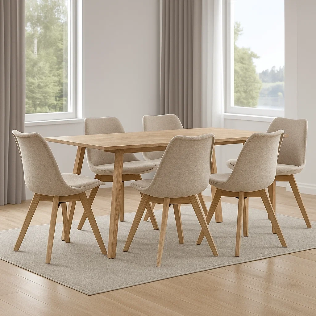 Ensemble de salle à manger pour 6 personnes, en bois et tissu, beige, rectangulaire, facile à monter, dimensions de la table : 180 x 90 x 75 cm, dimensions des chaises : 45 x 45 x 85 cm, pour salle à manger - Kr7sIeMDmWhe