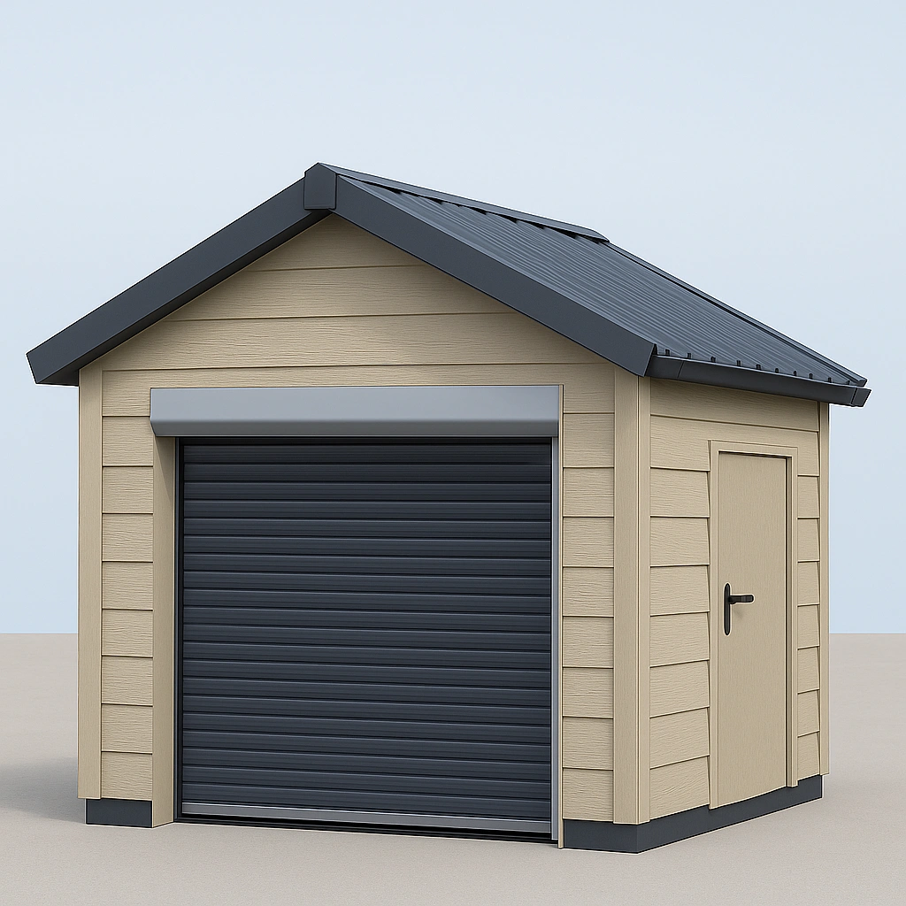 Garage préfabriqué + structure fermée avec porte sectionnelle + beige/gris foncé + acier/composite synthétique + extérieur + 300 x 250 x 280 cm