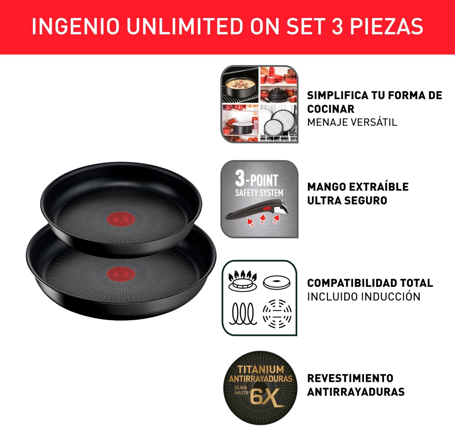 Tefal Ingenio Unlimited On – 3er-Set Töpfe (16/18/20 cm) + abnehmbarer Griff | Induktionsgeeignet, antihaftbeschichtet, mit Titanbeschichtung, Thermo-Signal, PFOA-frei, spülmaschinen- und ofenfest