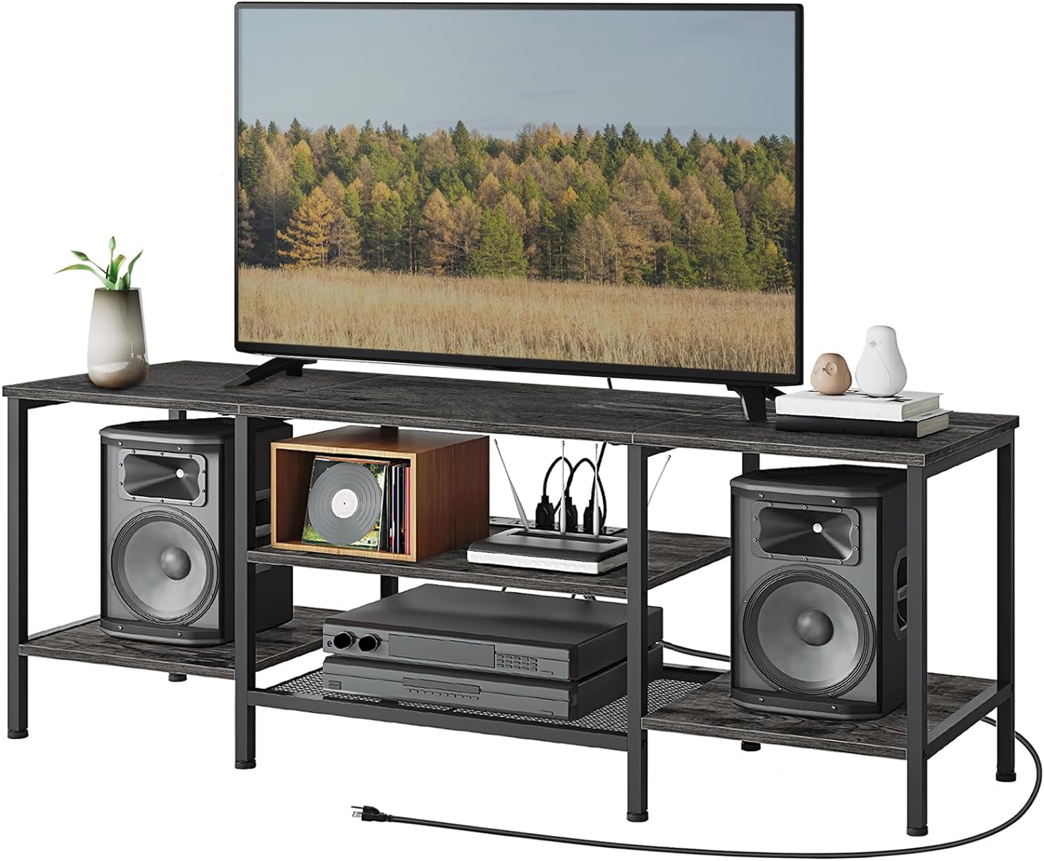 TV-Ständer mit integrierten Steckdosen für Fernseher bis zu 75 Zoll, Konsolentisch mit offenen Regalen, Entertainment-Center im Industrial-Stil für Wohn- oder Schlafzimmer, Rustikales Braun und Schwarz BF60DS01