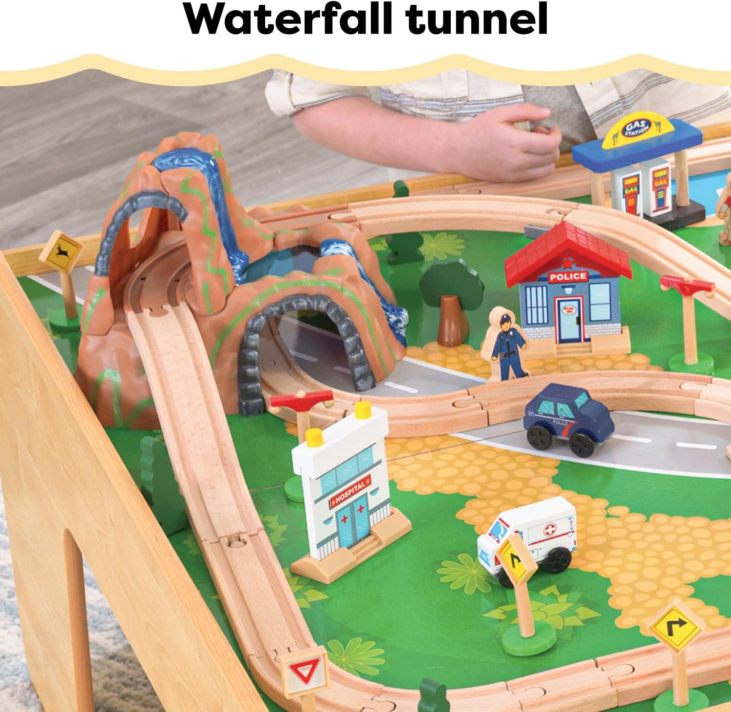 KidKraft Wasserfall-Berg-Holzeisenbahn- und Tischset mit Aufbewahrungsboxen, Eisenbahnstrecke mit Waggons, Hubschrauber und Flugzeugspielzeug für Kinder ab 3 Jahren (17850)