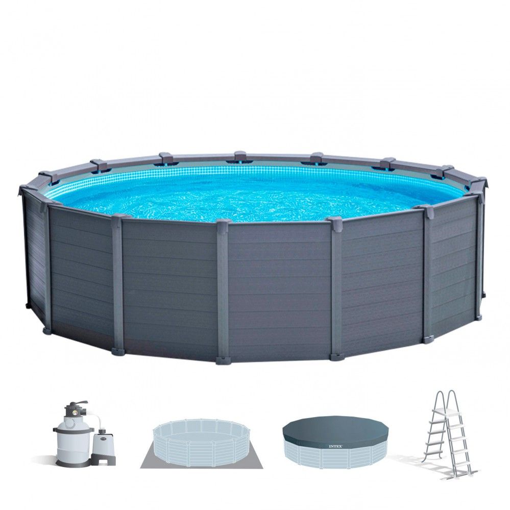 Intex 478x124cm Runder, röhrenförmiger PVC-Aufstellpool, dunkelgrau, mit Filterpumpe
