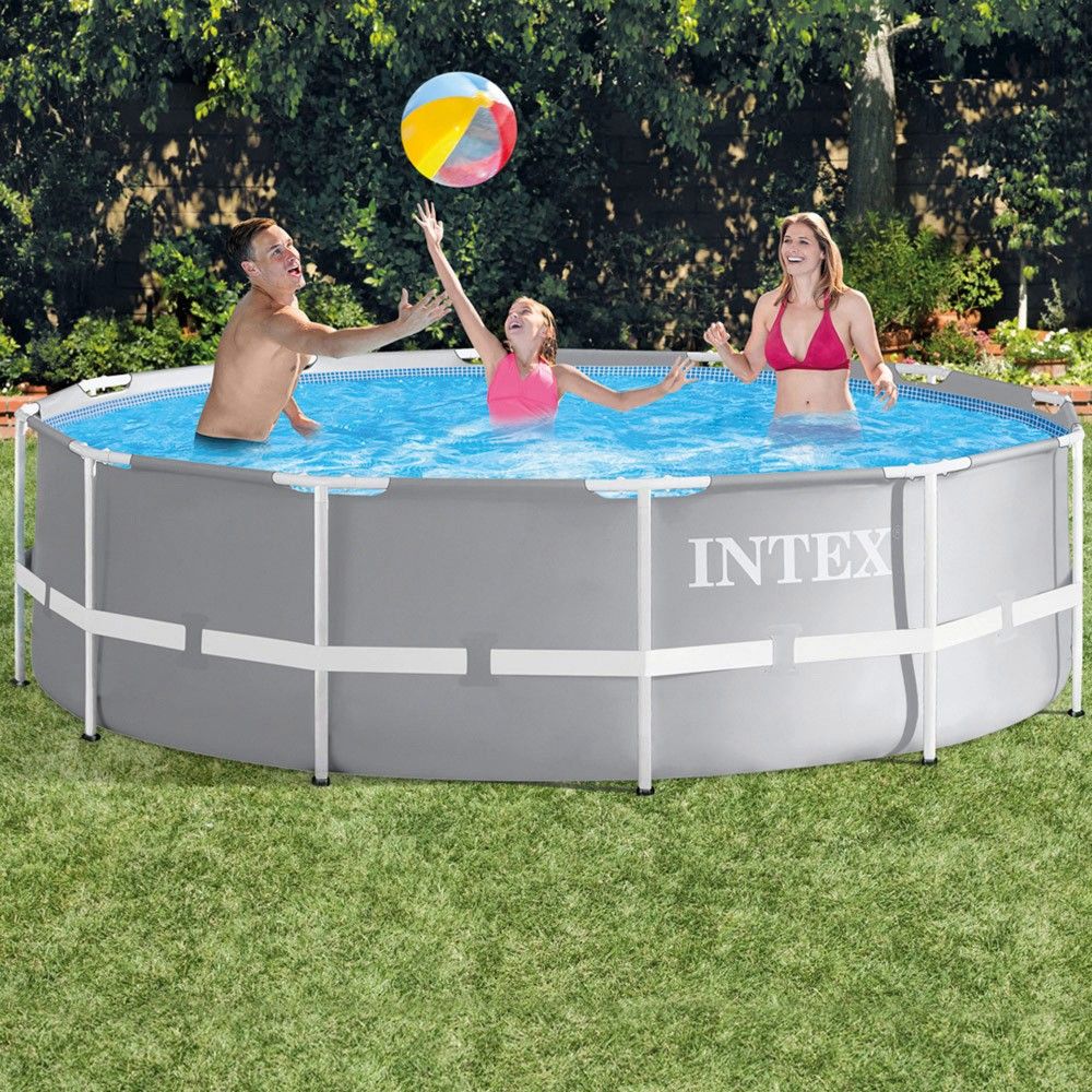 Intex 366x99cm Runder, röhrenförmiger PVC-Aufstellpool, Grau, mit Filterpumpe