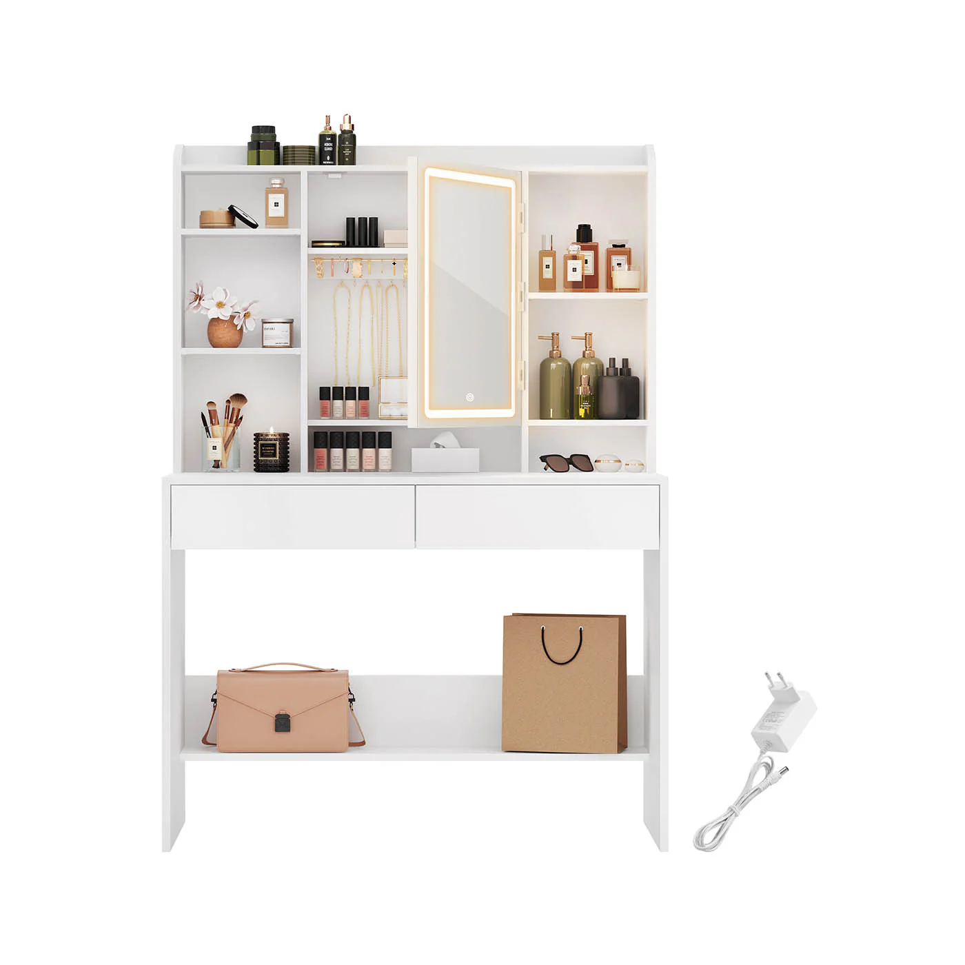 Hvidt toiletbord med LED-lys