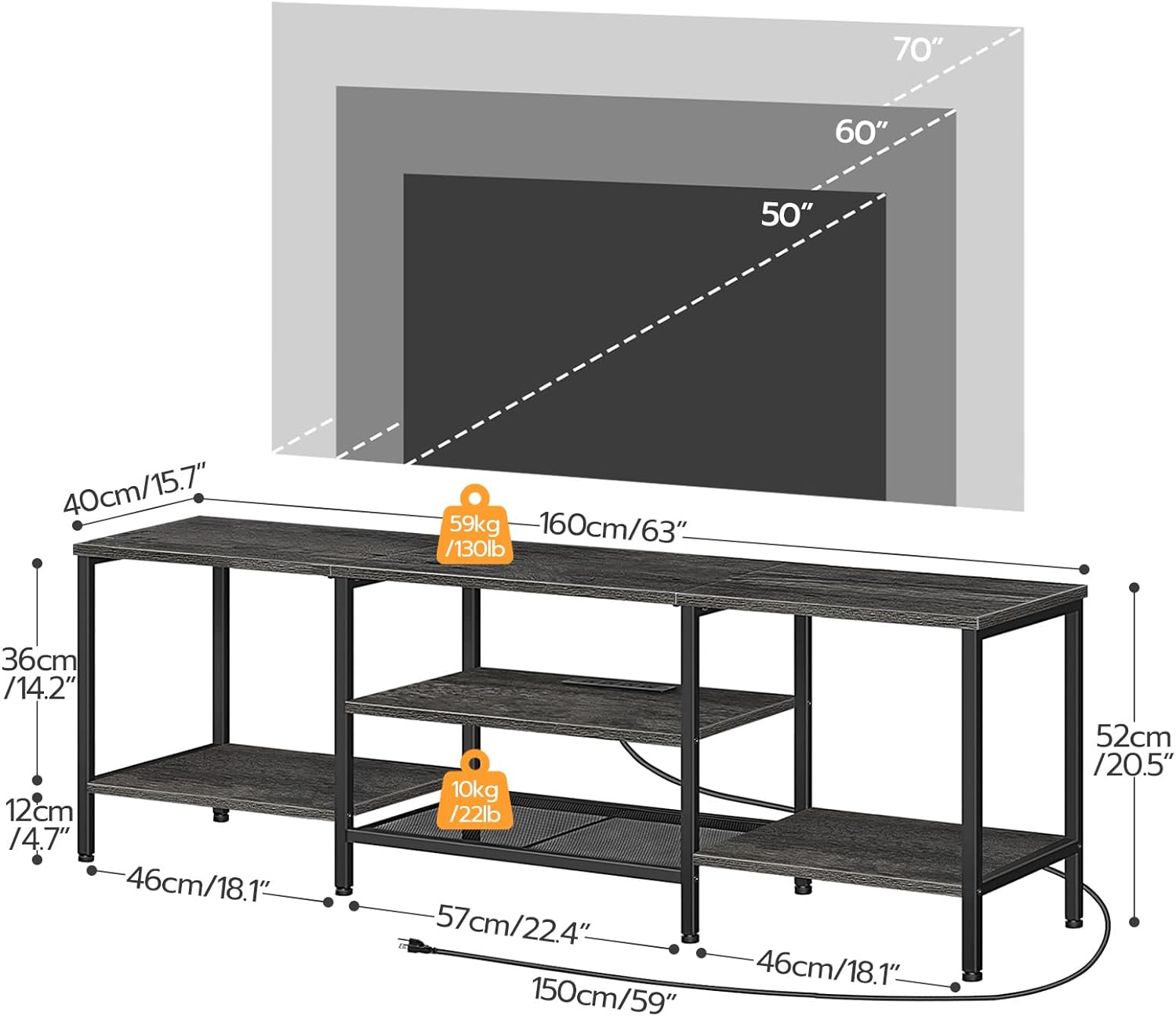 TV-Ständer mit integrierten Steckdosen für Fernseher bis zu 75 Zoll, Konsolentisch mit offenen Regalen, Entertainment-Center im Industrial-Stil für Wohn- oder Schlafzimmer, Rustikales Braun und Schwarz BF60DS01