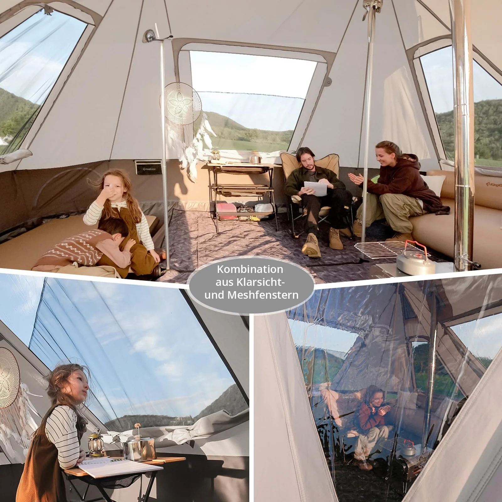 2025 KingCamp Khan Villa – Luxuriöses Glamping-Gruppenzelt mit 240 cm Innenhöhe, Kaminabzug und Seitenwänden aus Netzgewebe für optimale Belüftung