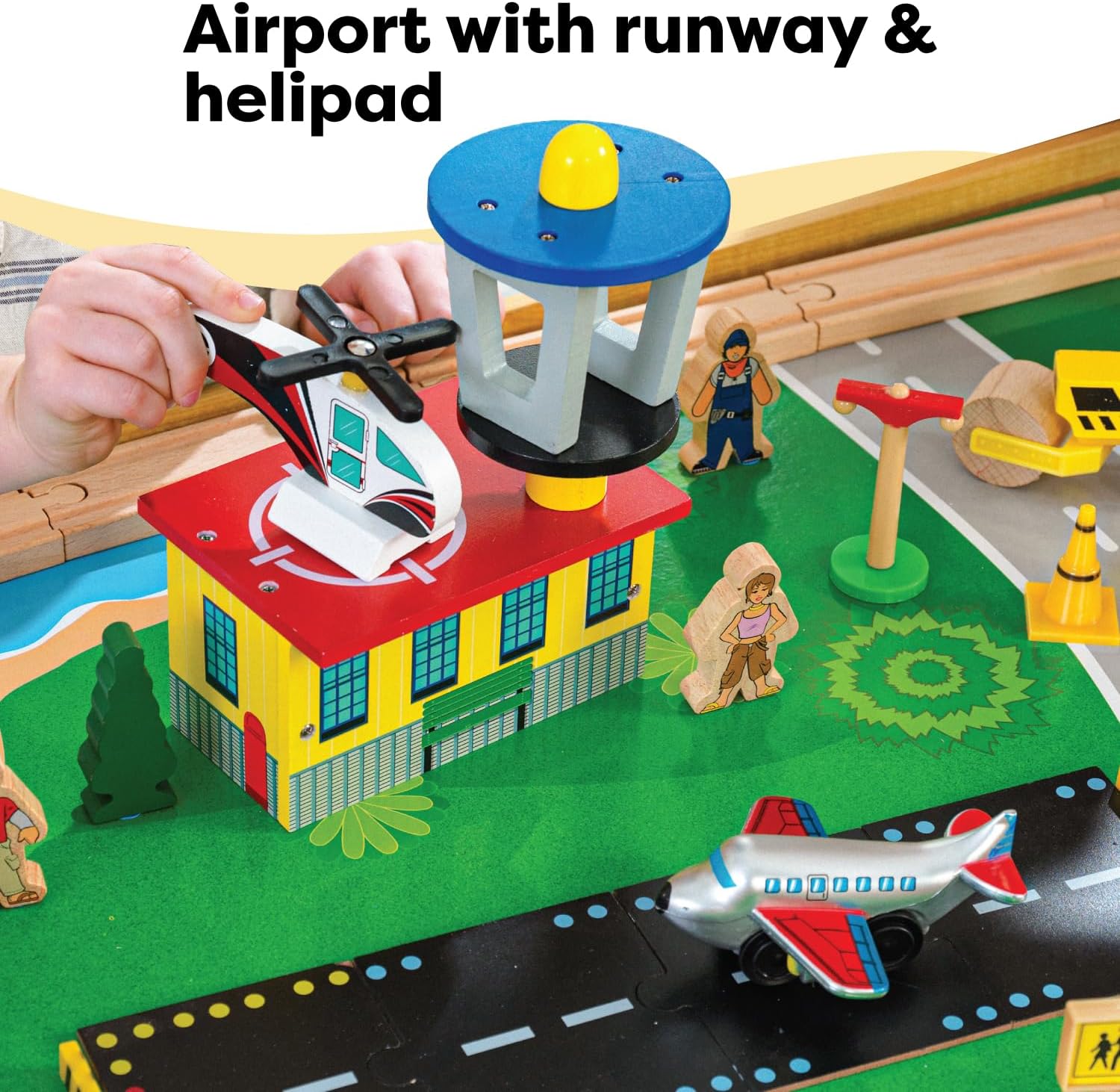 KidKraft Wasserfall-Berg-Holzeisenbahn- und Tischset mit Aufbewahrungsboxen, Eisenbahnstrecke mit Waggons, Hubschrauber und Flugzeugspielzeug für Kinder ab 3 Jahren (17850)