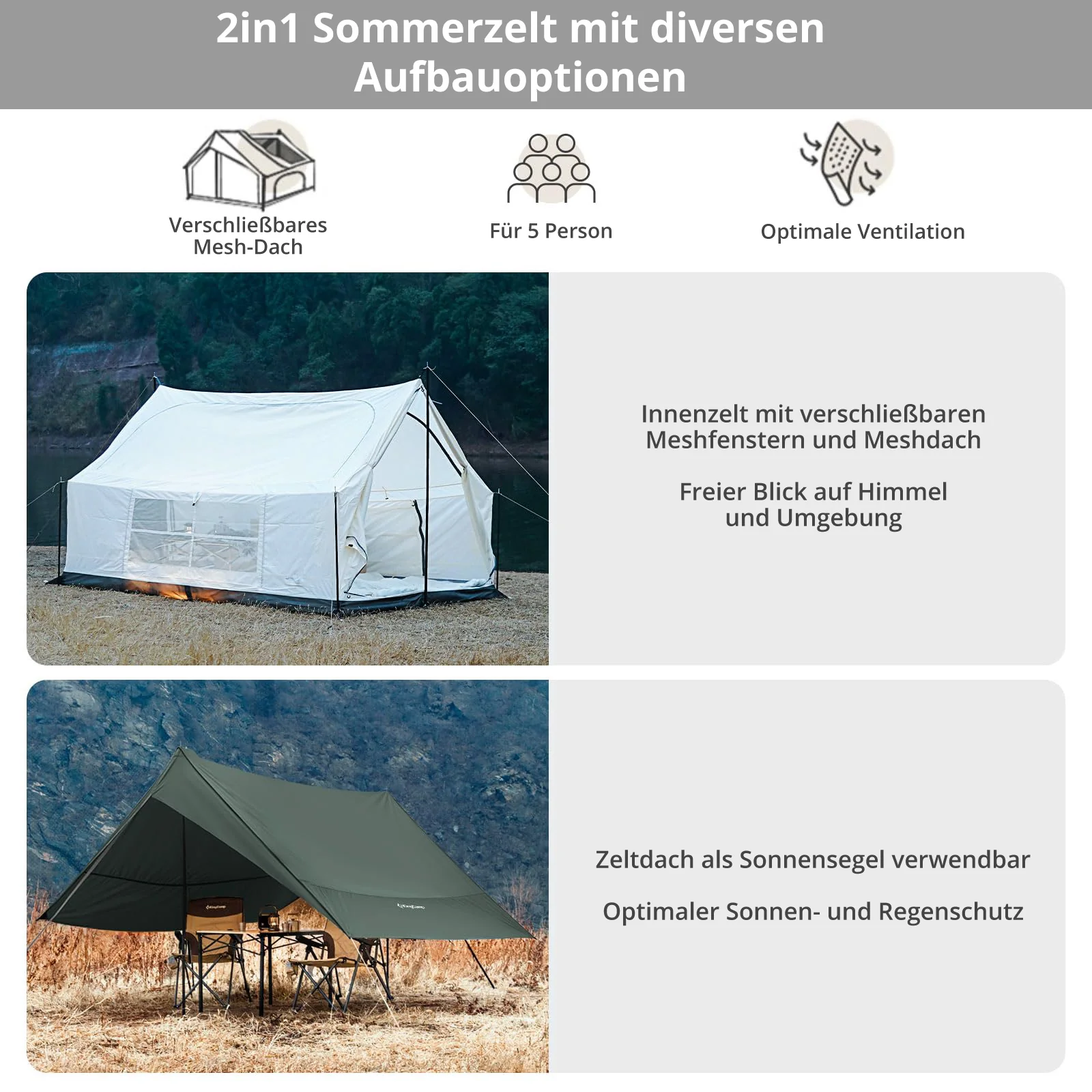 2025 KingCamp Pinehouse II – Geräumiges 4-Personen-Hybridzelt. Flexible Belüftung und technisches Baumwollmischgewebe.