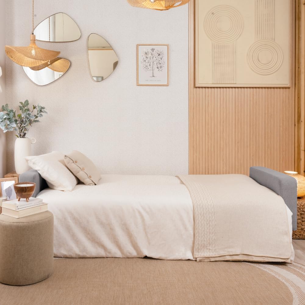 Don Descanso Reine 3-Sitzer-Schlafsofa, Stoffbezug, Click-Clack-Öffnungssystem, Sofa-Maße: 201 x 73 x 79 cm, Bett-Maße: 201 x 99 x 42 cm, inklusive 2 Kissen, Hellgrau