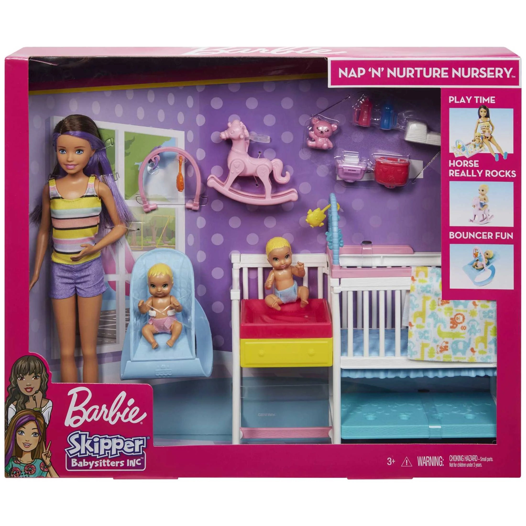 Barbie Skipper Babysitters Inc. Nap 'n Nurture Kinderbett-Set mit Brünette-Puppe, Babypuppe und Zubehör