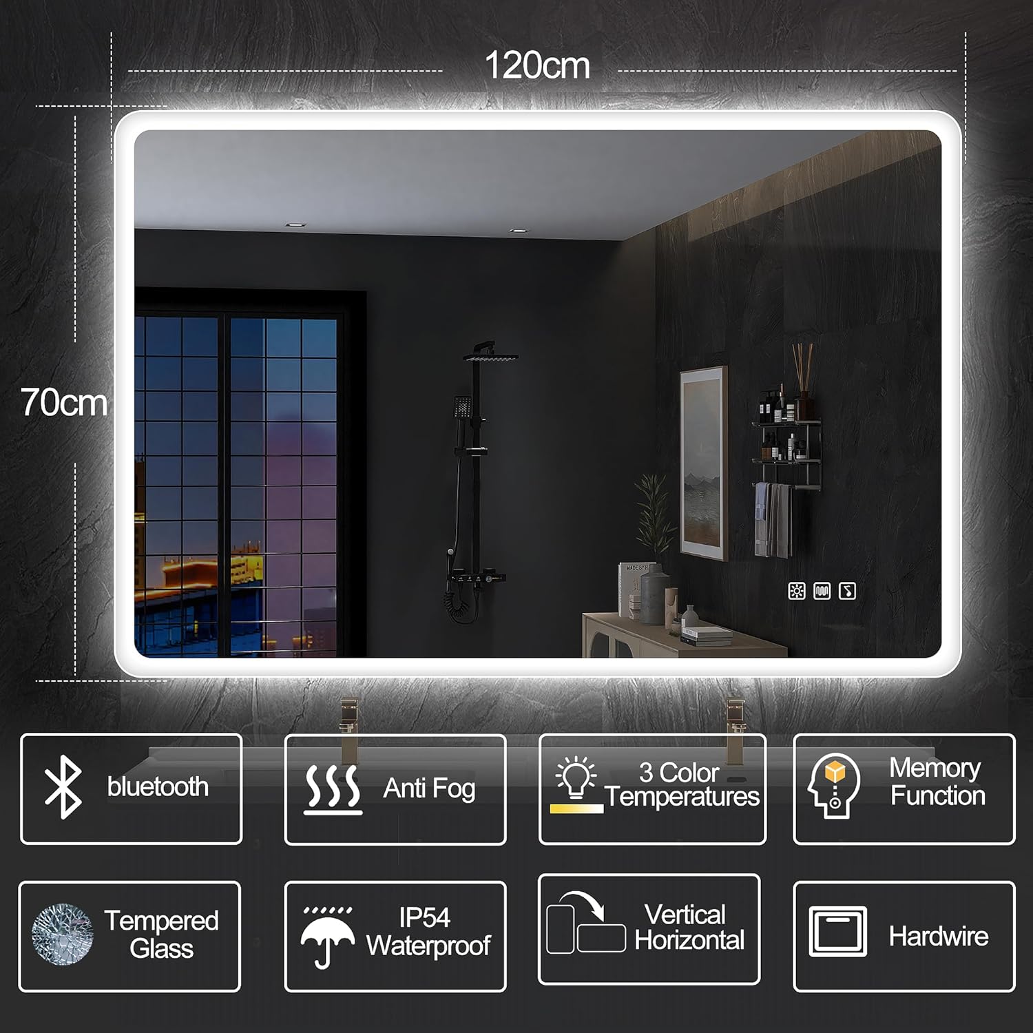 S'bagno badeværelsesspejl med lys 1200x700mm, IP44 - badeværelsesspejl med LED og Bluetooth, antidugfunktion / 3 lysfarver (3000K, 4000K, 6500K) / Dæmpbar / Memory, lodrette eller vandrette badeværelsesspejle med LED