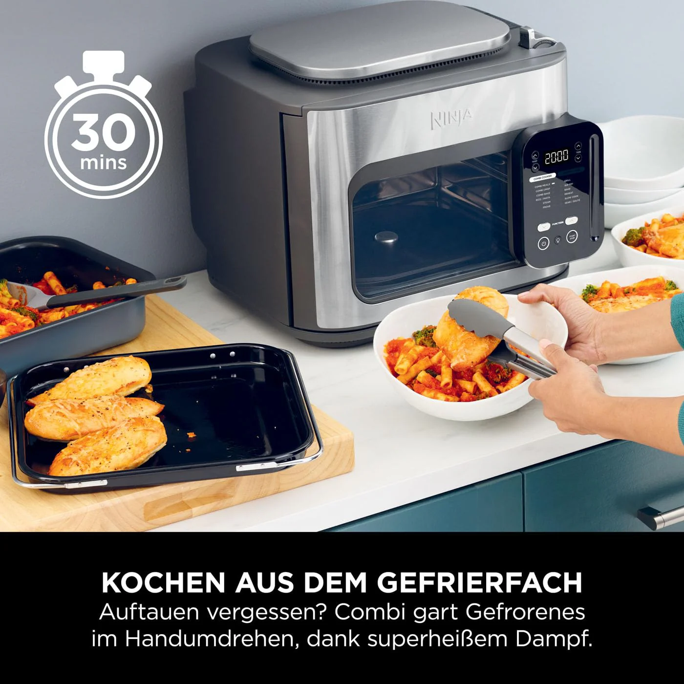 2025 Ninja Combi 12-i-1 multikomfur. Ovn og airfryer. 12 madlavningsfunktioner. Airfryer og grill. Klar på 15 minutter*. Med stegeplade, pande, grøntsagsrist og opskriftsguide. Grå. SFP700EU