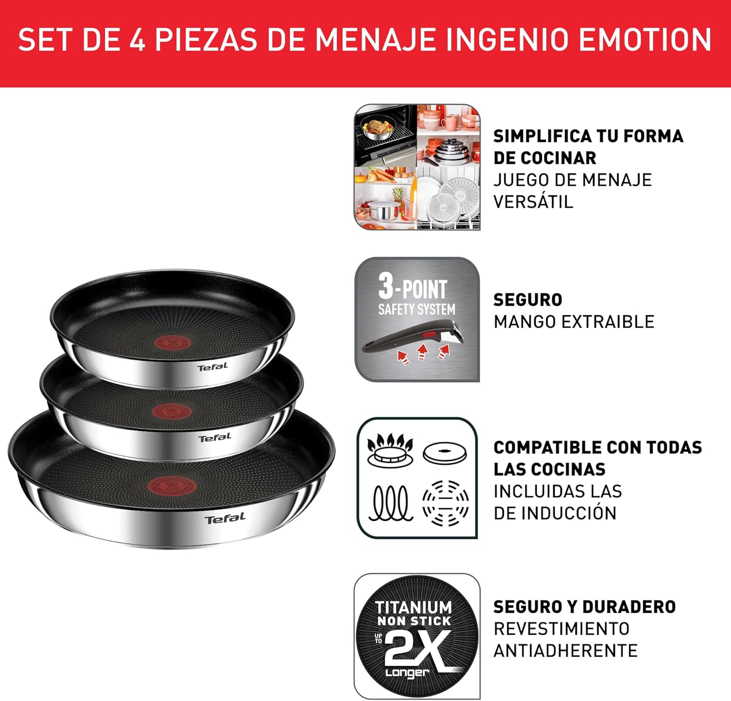 Tefal Ingenio Emotion Sæt med 3 stegepander 22/24/28 cm + 3 kasseroller 16/18/20 cm + gryderet 24 cm + wok 26 cm + 12 tilbehør | Induktionssikker, non-stick, tåler opvaskemaskine og ovn