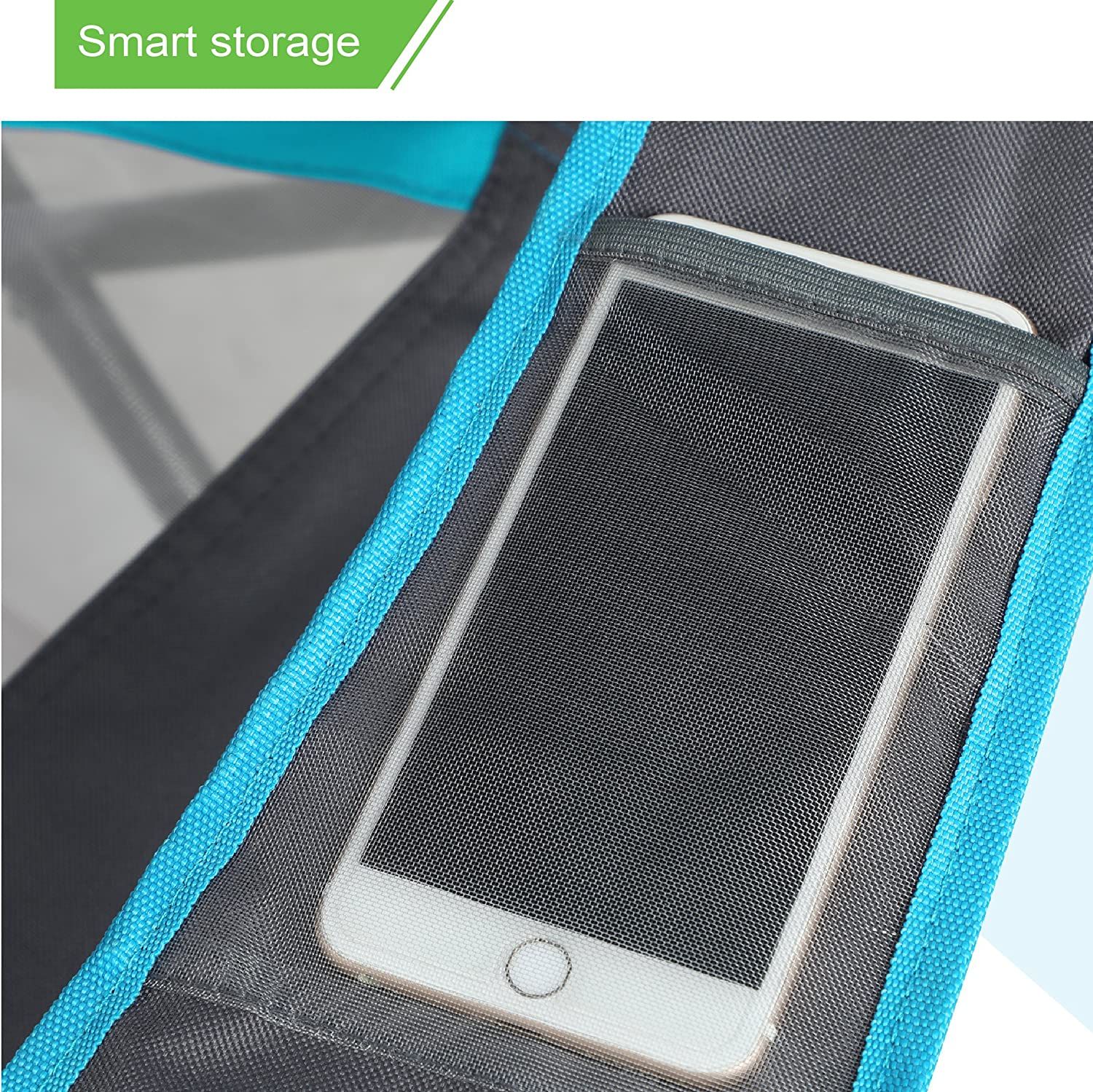 ALPHA CAMP Loungestol med slidstærk baldakin til sol, vandreture og rejser, med kopholdere, emaljeblå