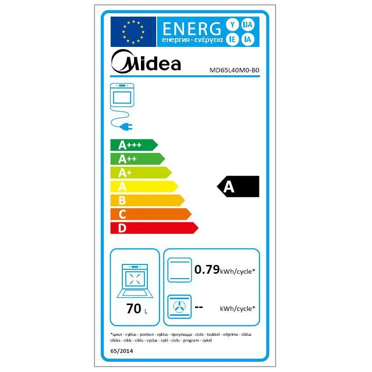 Four multifonction Midea MD65L40M0-B0, 2,1 kW, 70 L, ouverture rabattable, 4 fonctions de cuisson, efficacité A - Acier inoxydable