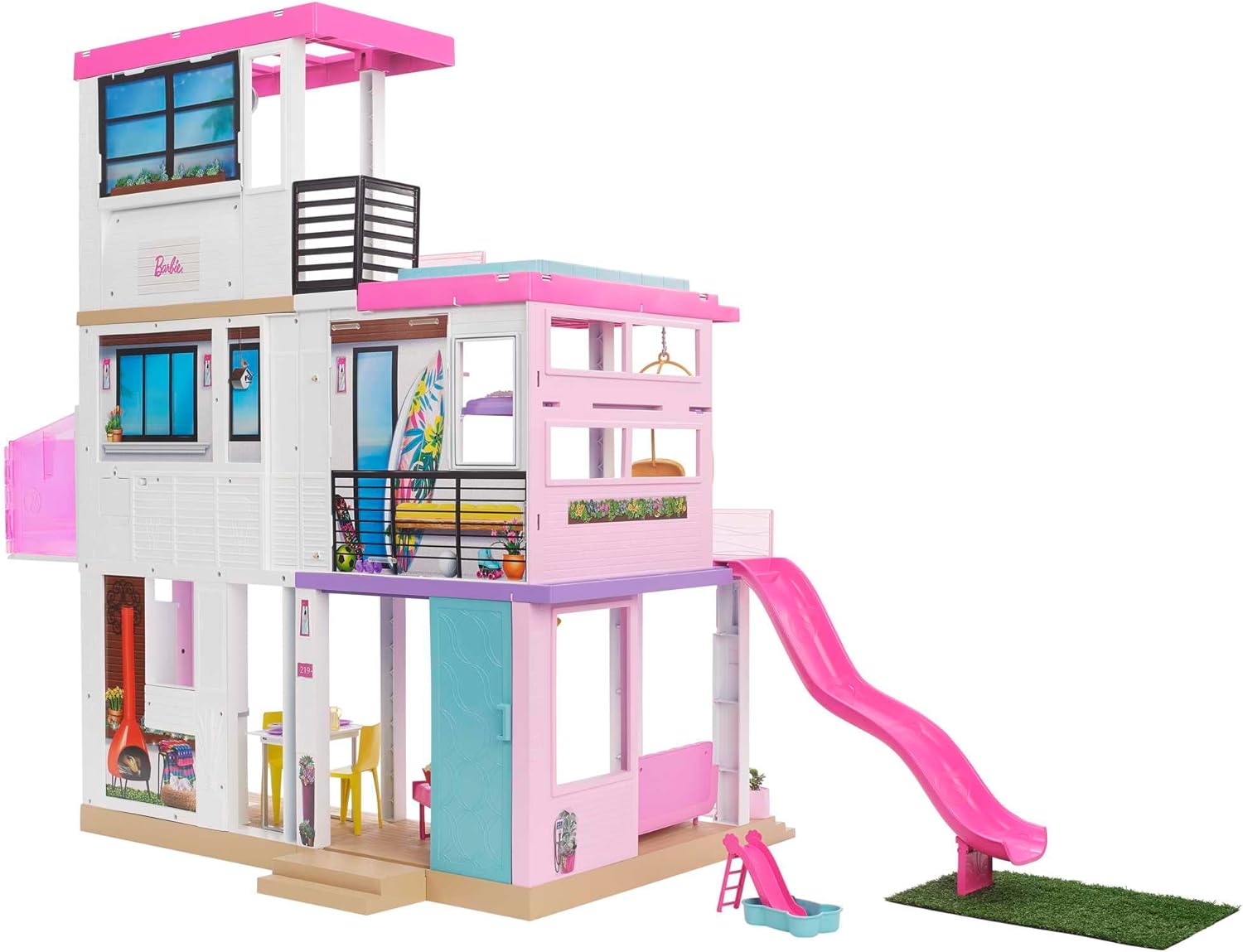 Barbie Traumhaus Puppenhaus – mit Pool, Rutsche und Aufzug – mit Licht und Sound – über 75 Teile – 104 x 109 cm – Geschenk für Kinder von 3–7 Jahren, GRG93