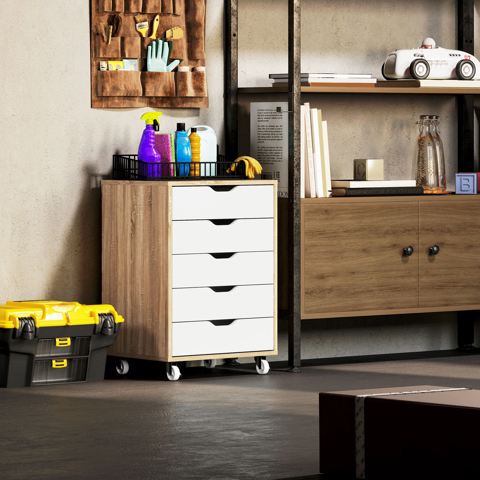 Vertikaler Aktenschrank mit 5 Schubladen. Mobiles Büromöbel mit Rollen. Eiche.