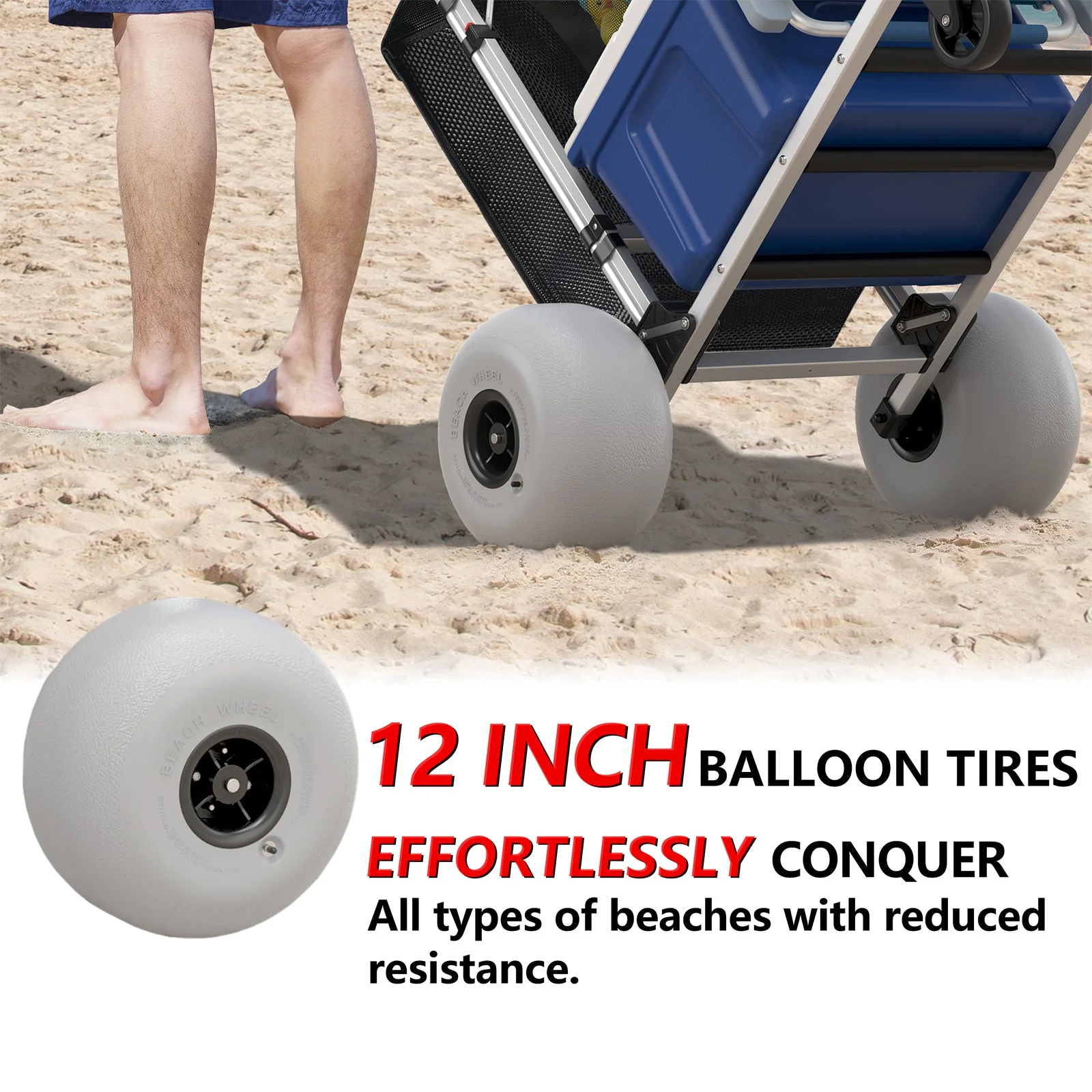 Chariot de plage pliable GDLF avec poignée réglable et roues ballons de 30 cm. Cadre robuste en aluminium - Charge maximale : 100 kg