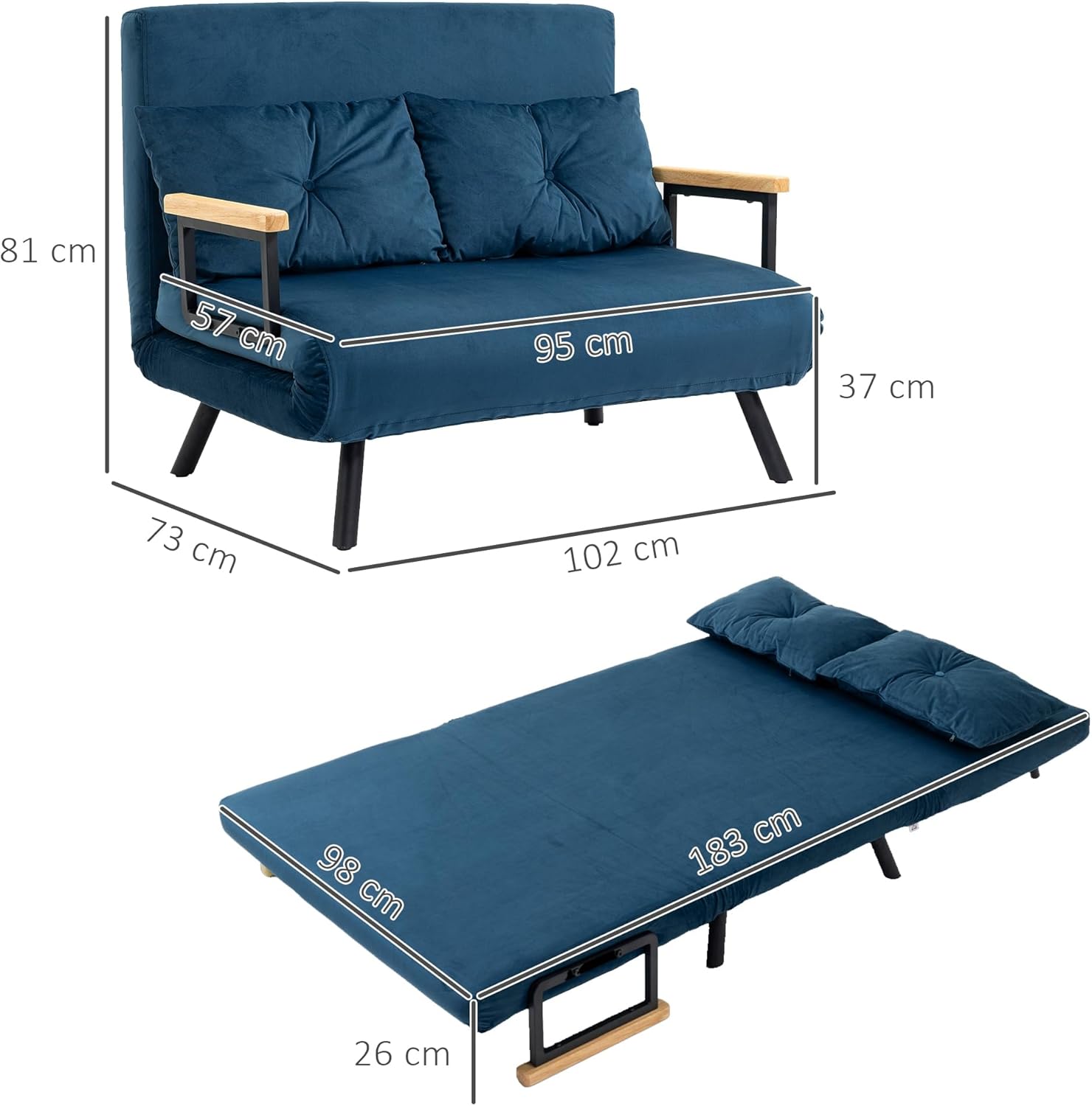 HOMCOM Schlafsofa, 2-Sitzer, Klappsofa, Samtbezug, 5-fach verstellbare Rückenlehne und gepolsterte Kissen, für Büro, Schlafzimmer, Wohnzimmer, 102 x 73 x 81 cm, Beige