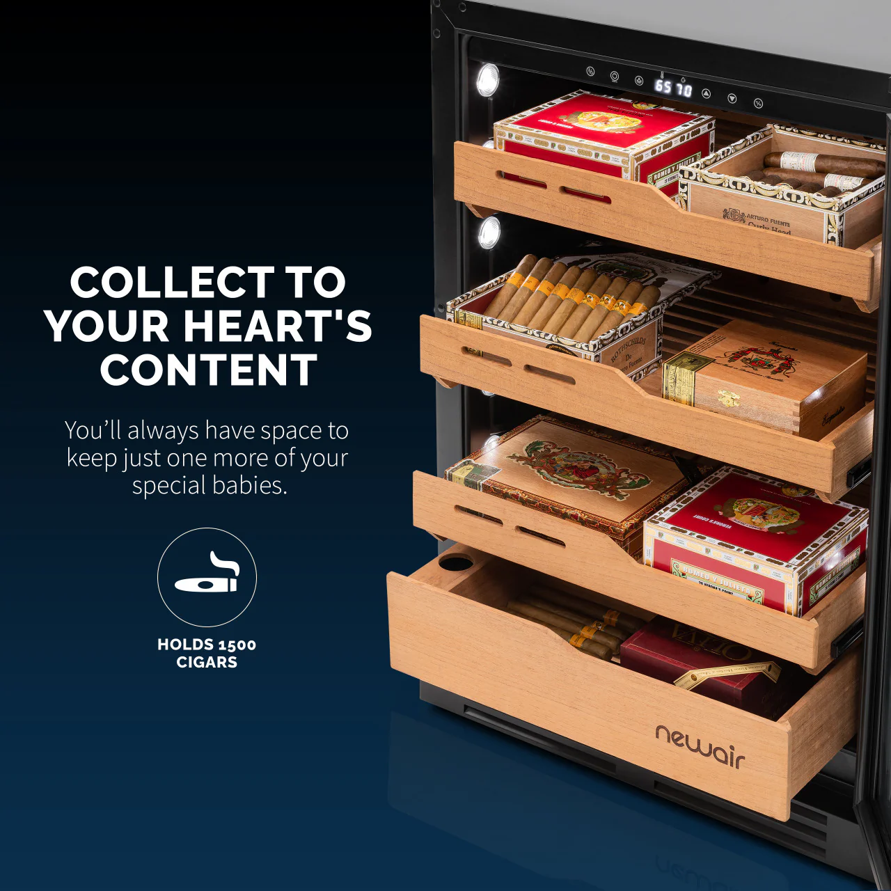 Cave à cigares électrique Newair® 2025. Capacité : 1 500 cigares. Encastrable ou sur pied.