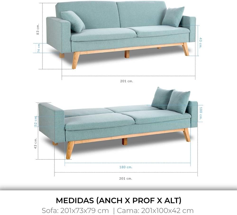 Don Descanso Reine 3-Sitzer-Schlafsofa, Stoffbezug, Click-Clack-Öffnungssystem, Sofa-Maße: 201 x 73 x 79 cm, Bett-Maße: 201 x 99 x 42 cm, inklusive 2 Kissen, Hellgrau