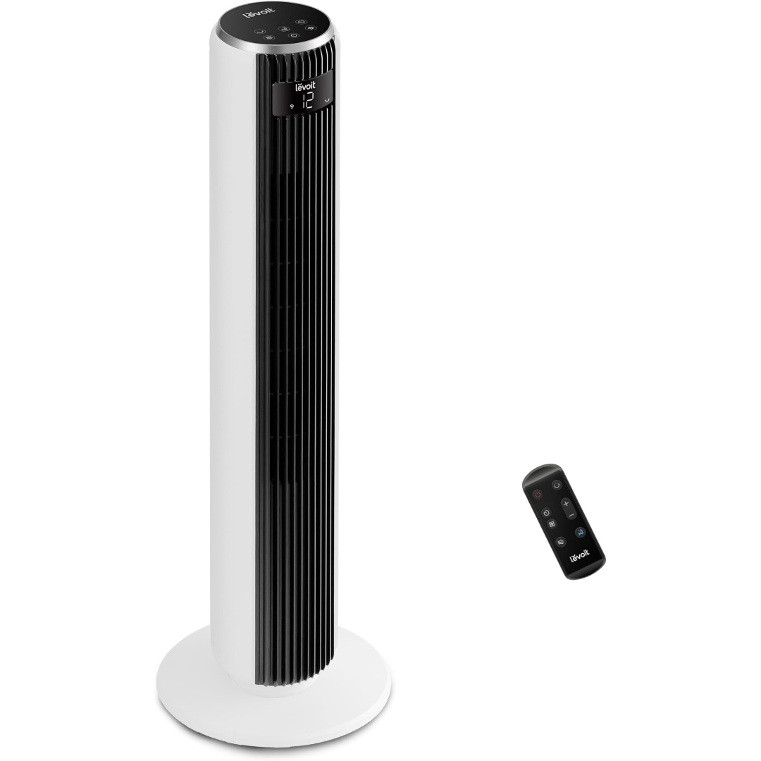 LEVOIT 20dB tårnventilator med fjernbetjening, 7,9 m/s DC-motor, 26W lydløs ventilator med dvaletilstand, 4 tilstande og 12 hastigheder, 12 timer, LED-display, 90° oscillation, hvid