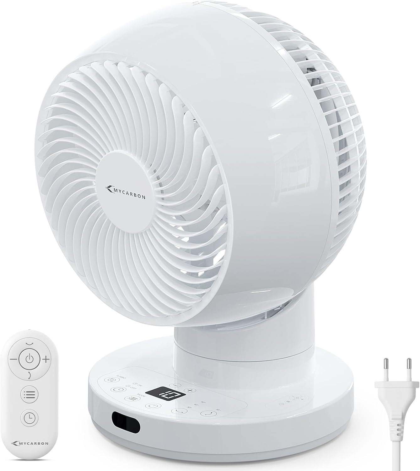 MYCARBON Silent Turbo Tischventilator 20dB, leistungsstarker Gleichstrommotor, 30°-60°-90° Oszillation, 11 Geschwindigkeitsstufen, 12-Stunden-Timer und programmierbarer Start, mit Fernbedienung