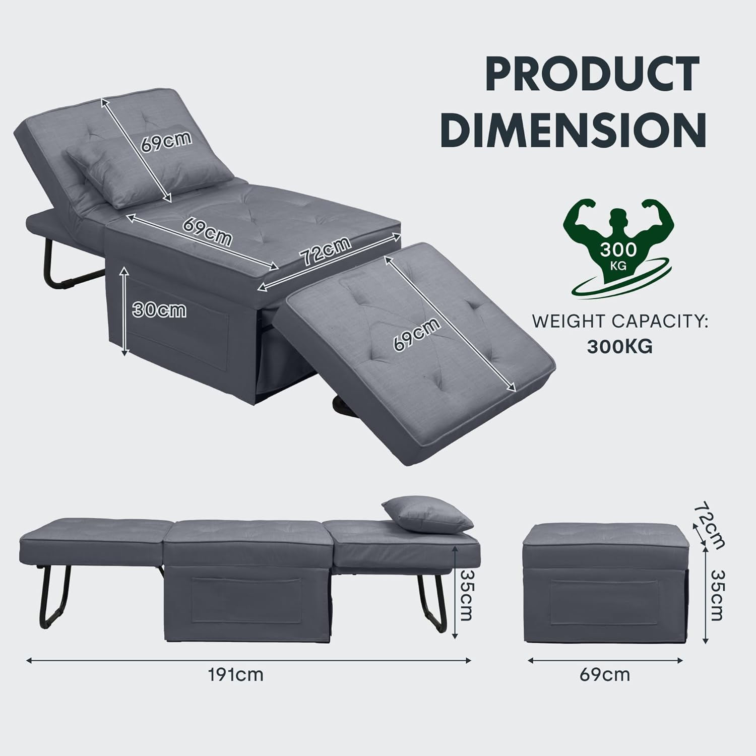 FLEXISPOT Schlafsofa, ausziehbarer Klappsessel mit Bettfunktion, Schlaffunktion, wandelbarer Schlafsessel, Belastbarkeit 300 kg, Grau