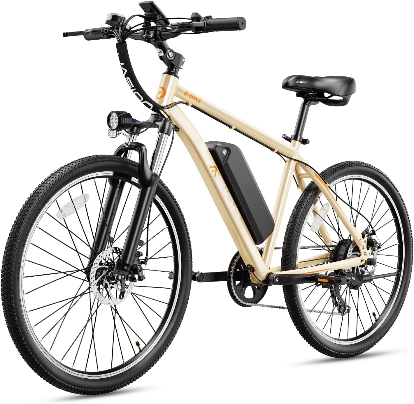 Vélo électrique Jasion EB5 pour adultes avec batterie amovible de 360 ​​Wh, 64 km, 32 km/h, VTT électrique de ville avec moteur de 350 W, 7 vitesses, pneus de 26 pouces et suspension avant.