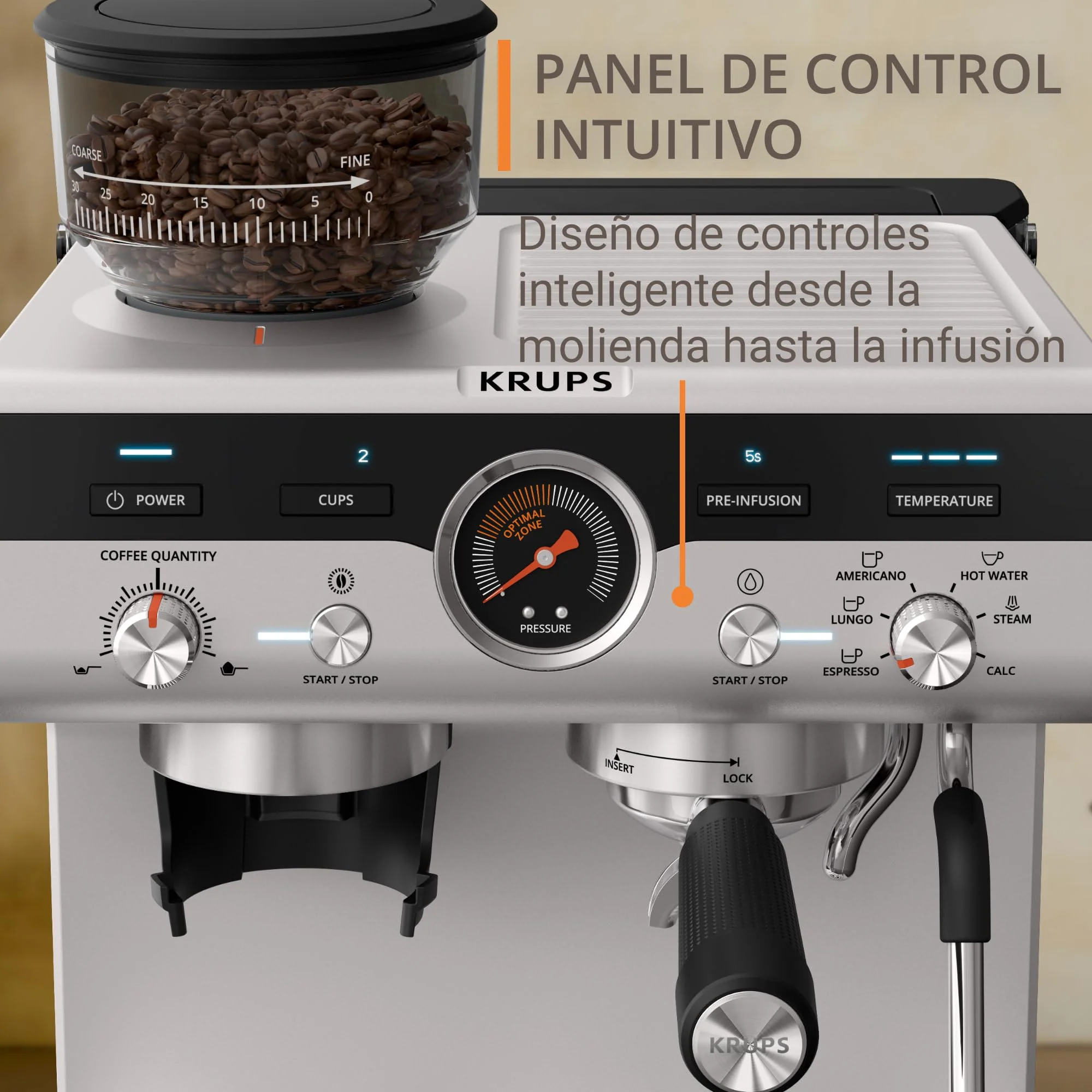 Machine à expresso Krups Virtuoso Essential - 15 bars. Acier inoxydable noir. Design compact et élégant. Arrêt automatique. Expresso et cappuccino. Thermobloc. Buse vapeur. Doseur inclus. XP4418