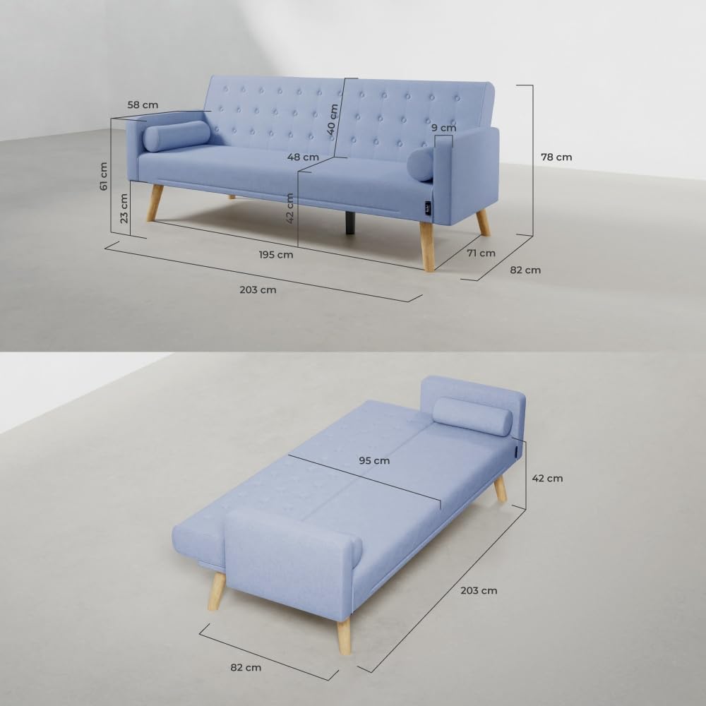 Nalui – 3-Sitzer-Schlafsofa, gepolstert, 203 x 82 x 78 cm, One Dots, mit 2 Kissen und Klick-Klack-Öffnungsmechanismus mit mehreren Liegepositionen. Chaiselongue-Schlafsofa mit Holzbeinen, umwandelbar in ein Doppelbett | Beige