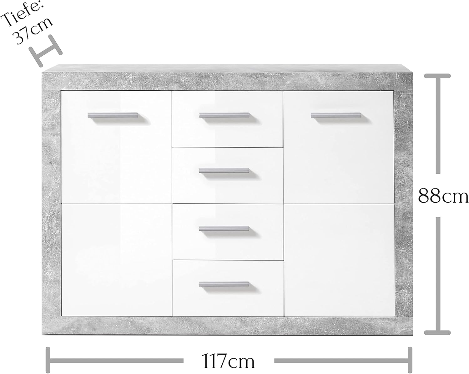 STONE Große Vitrine mit Betonoptik und hochglänzendem Weiß, moderne Vitrine mit LED-Beleuchtung und viel Stauraum, 92 x 194 x 37 cm (B x H x T)