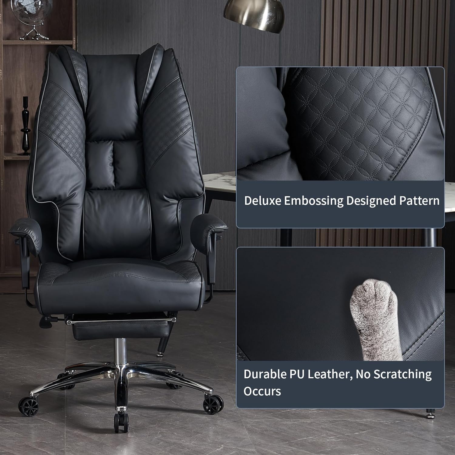 Hoher und breiter Bürostuhl für 181 kg, Chefsessel aus Leder mit hoher Rückenlehne und Fußstütze, ergonomischer Stuhl mit Lendenwirbelstütze zur Linderung von Rückenschmerzen (Beige)