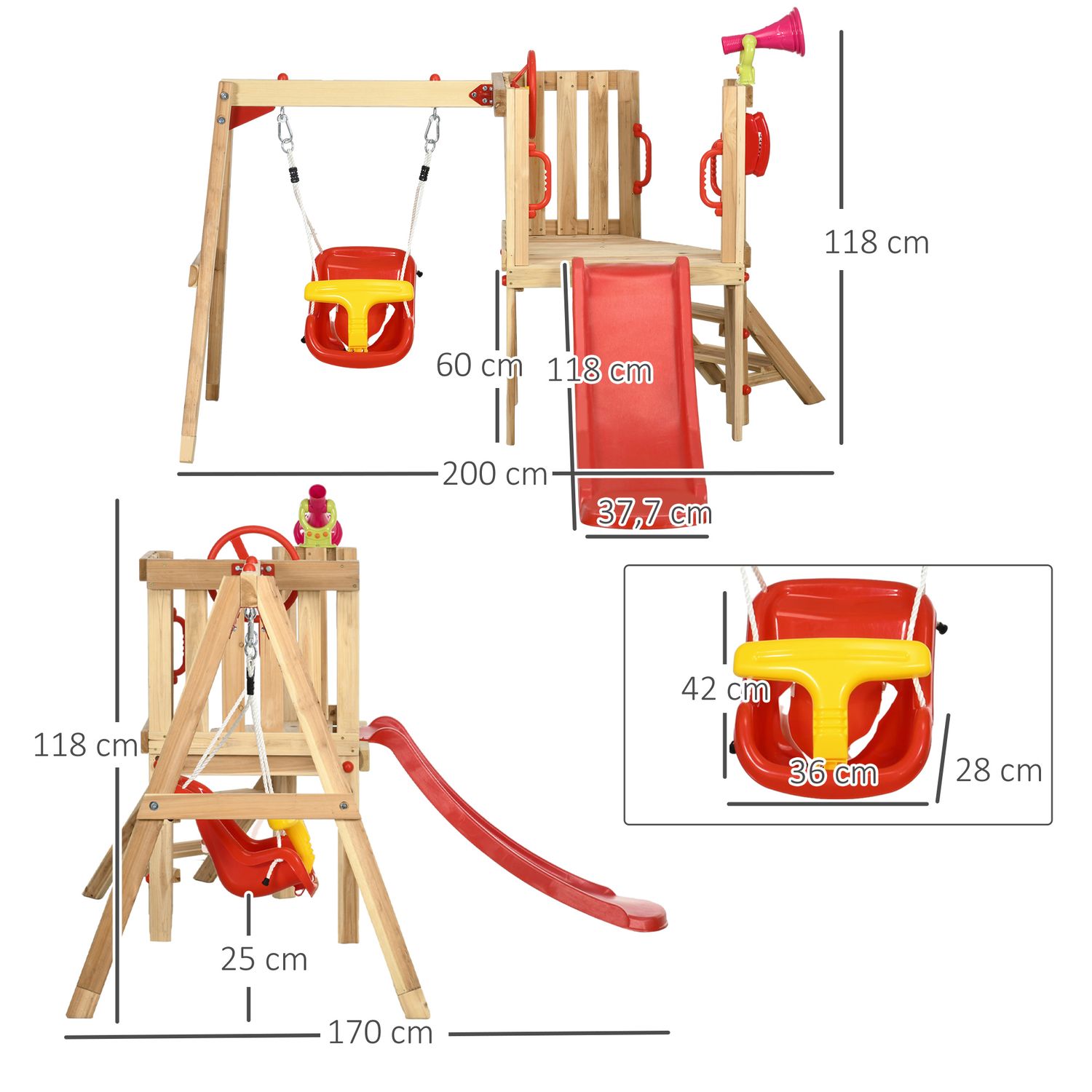 Holzrutsche und Schaukel für Kinder, 170 x 200 x 118 cm – outsunny.red