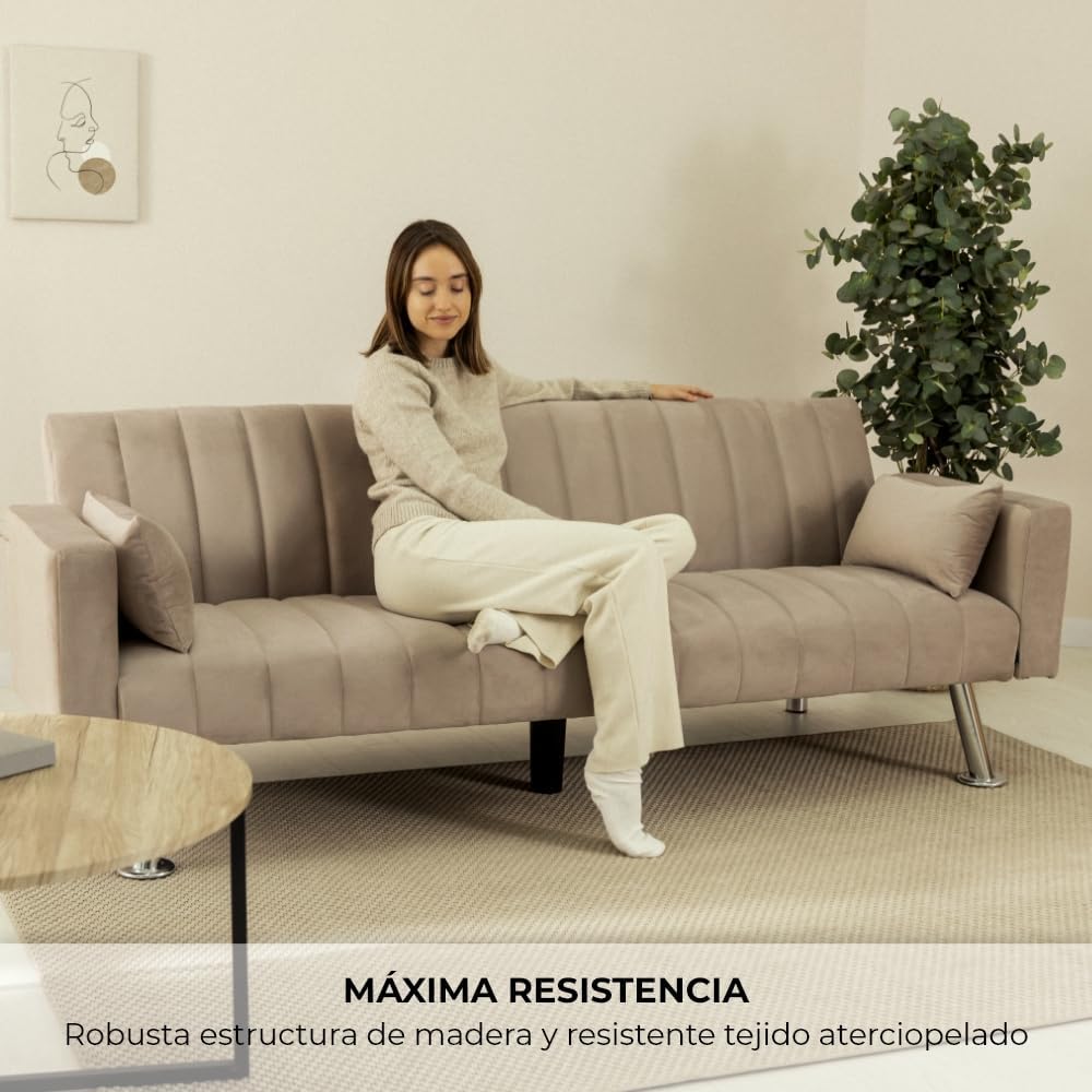 Nalui – Gepolstertes 3-Sitzer-Schlafsofa 210 x 80 x 79 cm, einlagig, 2 Kissen, Klick-Klack-Öffnungsmechanismus mit verstellbarer Rückenlehne. Samt-Chaiselongue-Schlafsofa, umwandelbar in ein Doppelbett | Beige