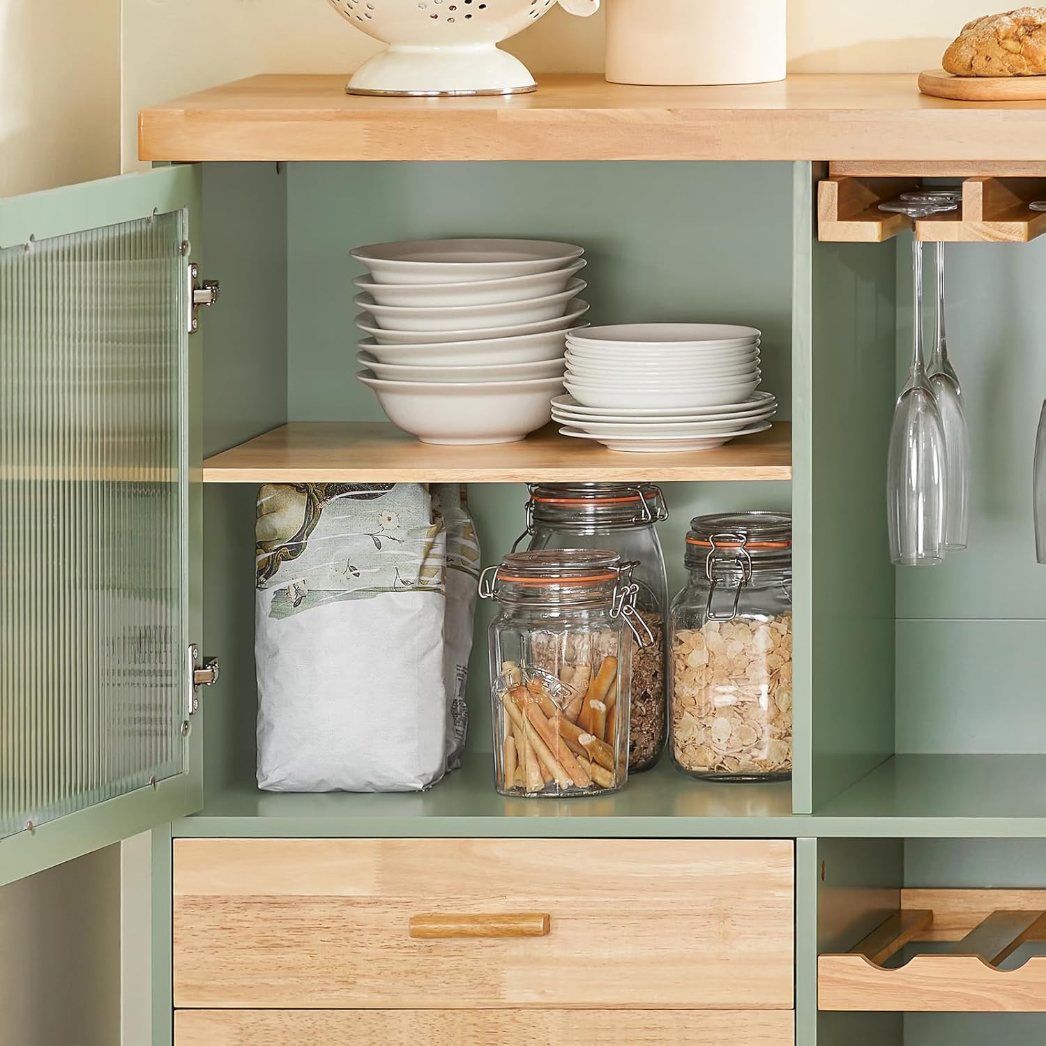 SoBuy FSB81-GR Küchenbuffet mit Mikrowellenfunktion für Esszimmer, Eingangsbereich und Wohnzimmer, mit 2 Türen, 2 Schubladen und 1 offenem Fach, Grün, 120 x 40 x 90 cm, EN