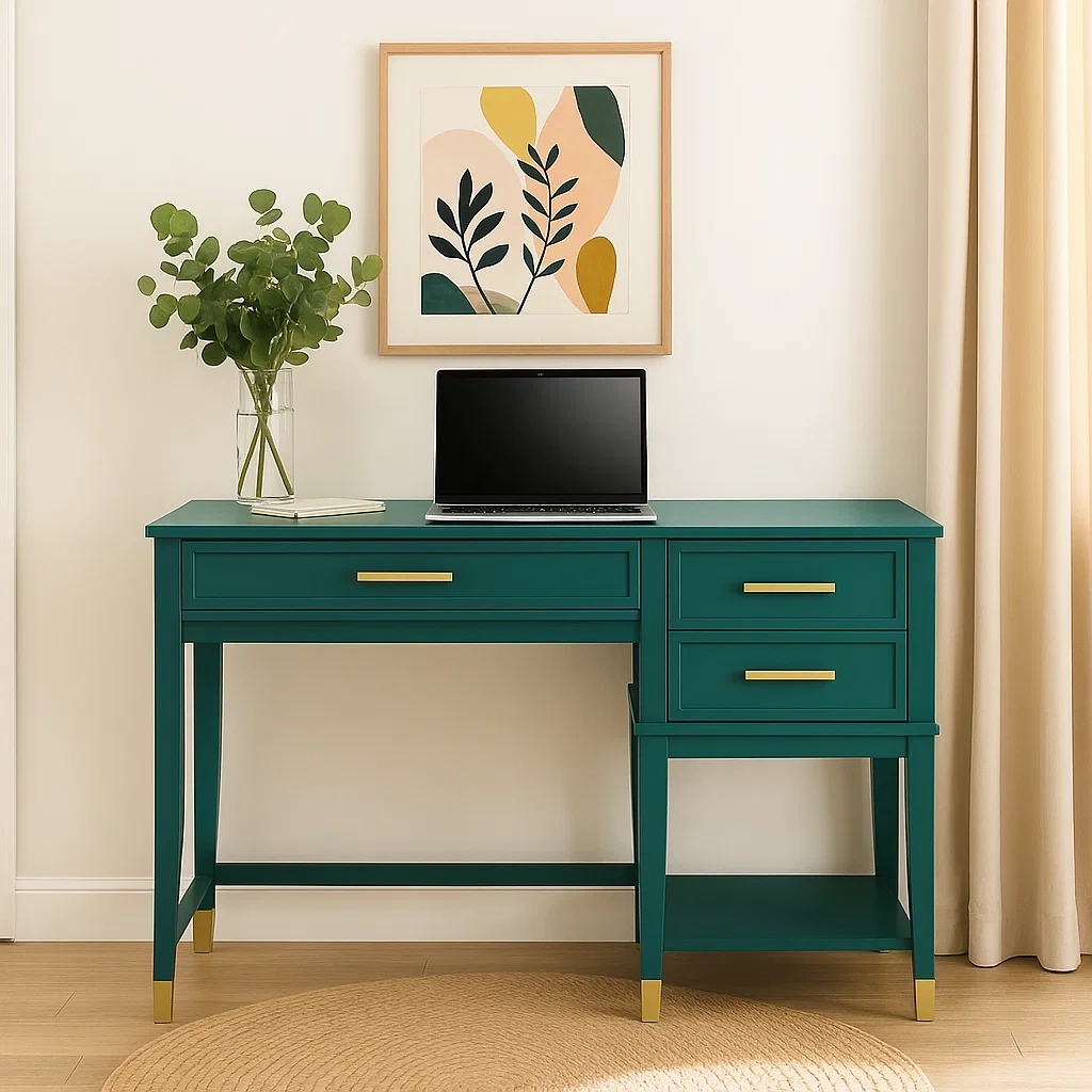 Bureau d'ordinateur avec 3 tiroirs et une étagère ouverte, structure verte et détails dorés, 120 x 60 x 75 cm - meMSdku307qi