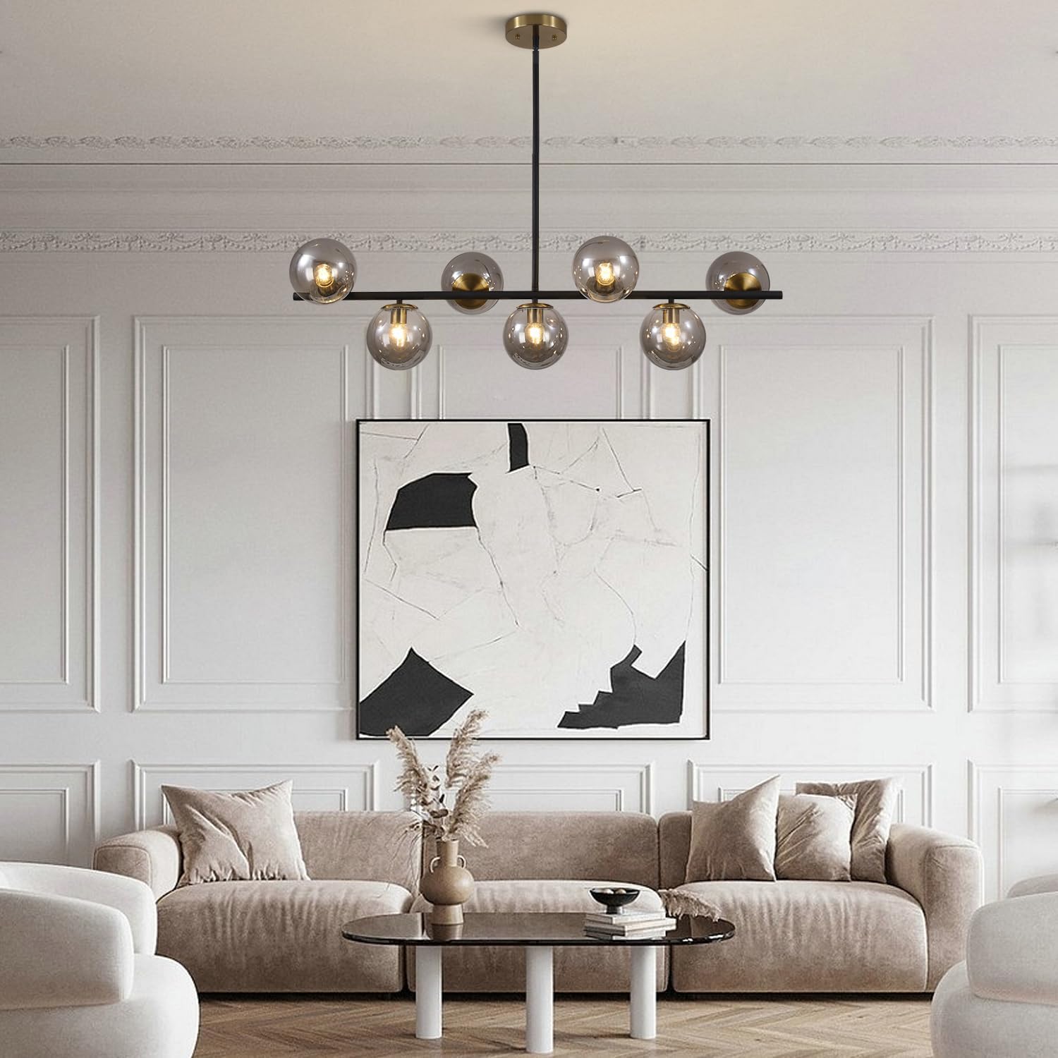 Moderne Esszimmerleuchte von KCO Lighting aus goldfarbenem Metall, Kücheninsel-Pendelleuchte aus weißem Glas, 7-flammig, E27, 80 cm höhenverstellbar