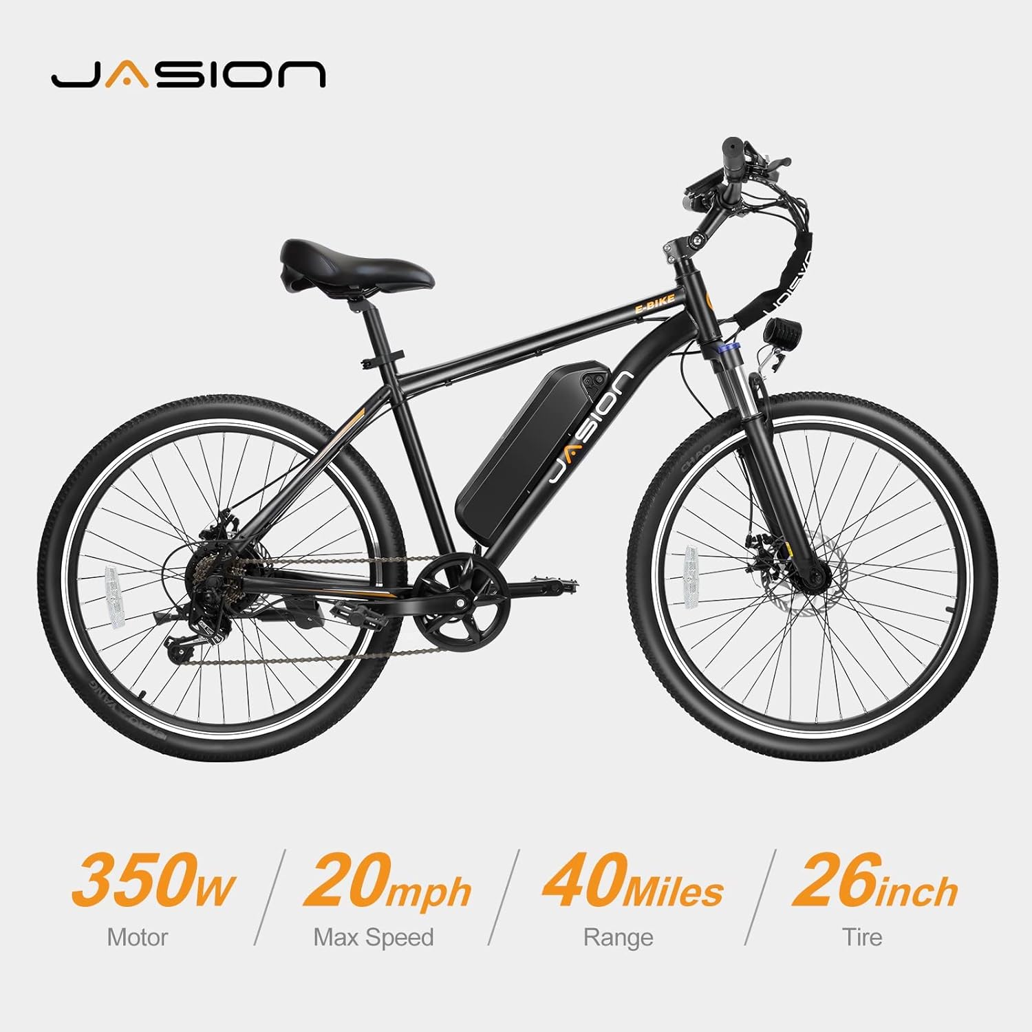 Vélo électrique Jasion EB5 pour adultes avec batterie amovible de 360 ​​Wh, 64 km, 32 km/h, VTT électrique de ville avec moteur de 350 W, 7 vitesses, pneus de 26 pouces et suspension avant.