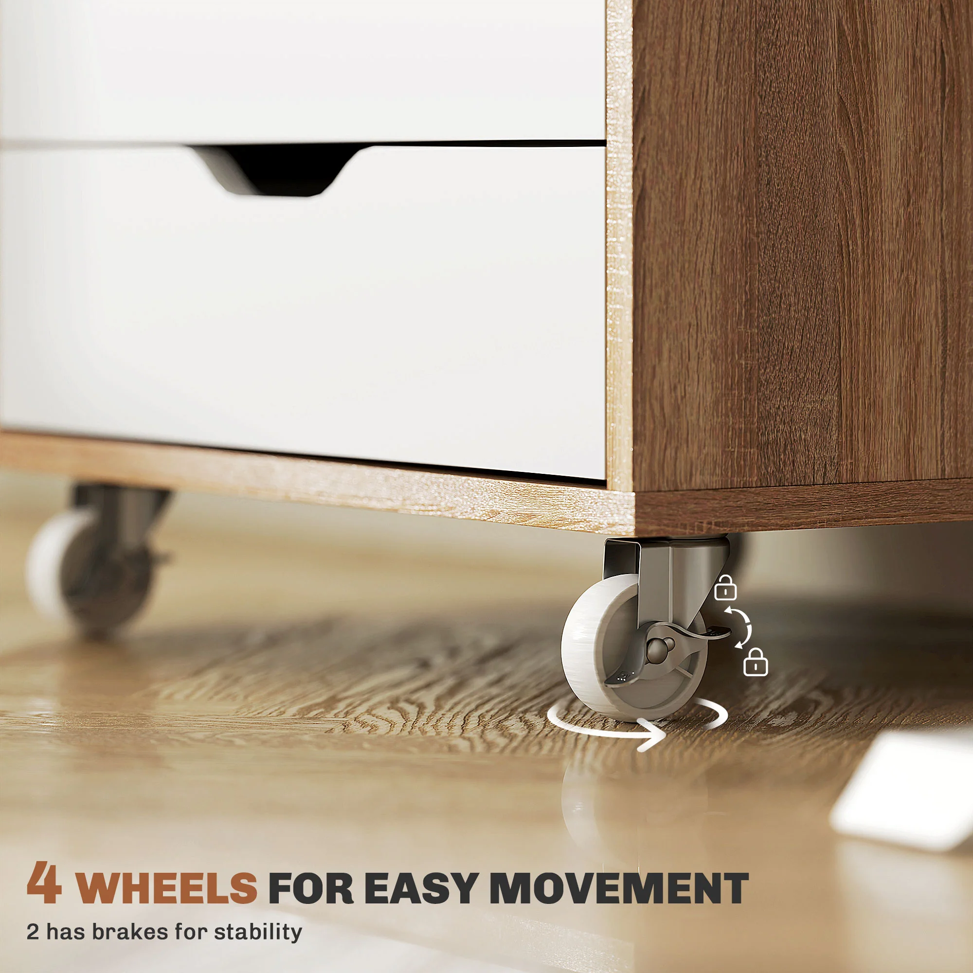 Vertikaler Aktenschrank mit 5 Schubladen. Mobiles Büromöbel mit Rollen. Eiche.