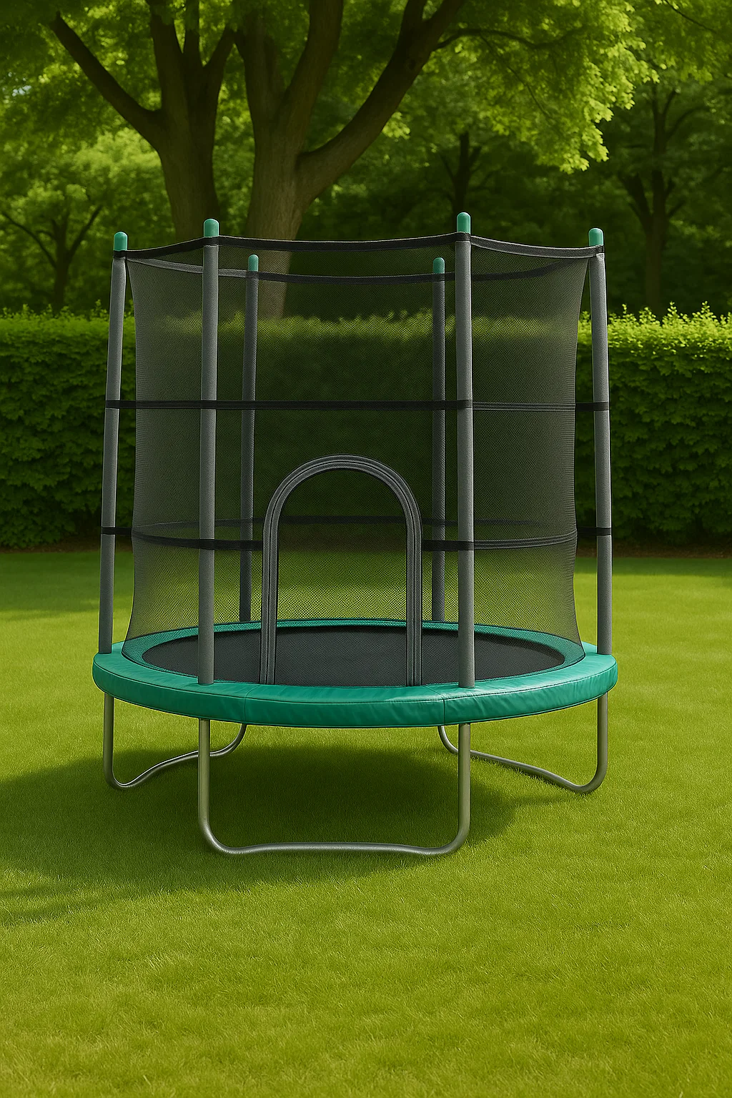 Trampoline rond vert avec filet de sécurité et structure métallique, pour usage extérieur, dimensions approximatives : 250 x 250 x 240 cm TSvIqHR102JC