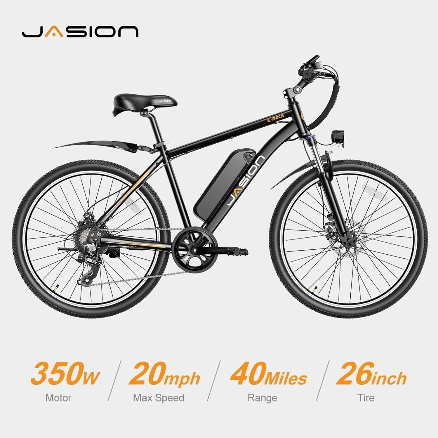 Vélo électrique Jasion EB5 pour adultes avec batterie amovible de 360 ​​Wh, 64 km, 32 km/h, VTT électrique de ville avec moteur de 350 W, 7 vitesses, pneus de 26 pouces et suspension avant.