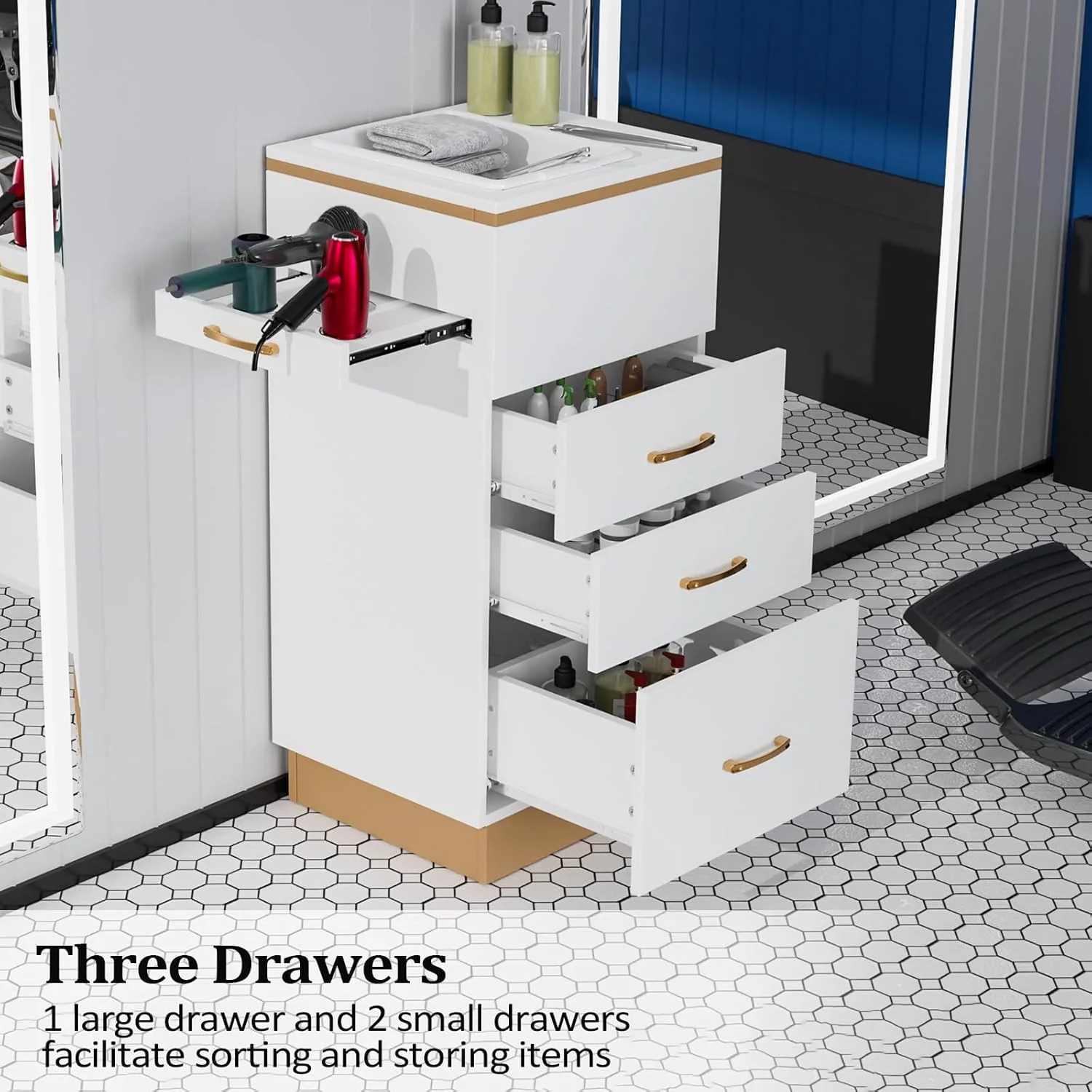 OmySalon Salon Opbevaringsstation – Frisørskab med 3 skuffer, opbevaringsrum og 3 hårtørrerholdere – Hvidguld